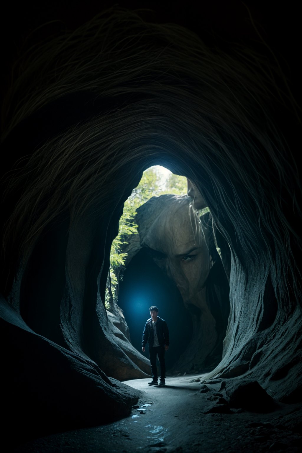 man as individual hiking through an impressive cave system