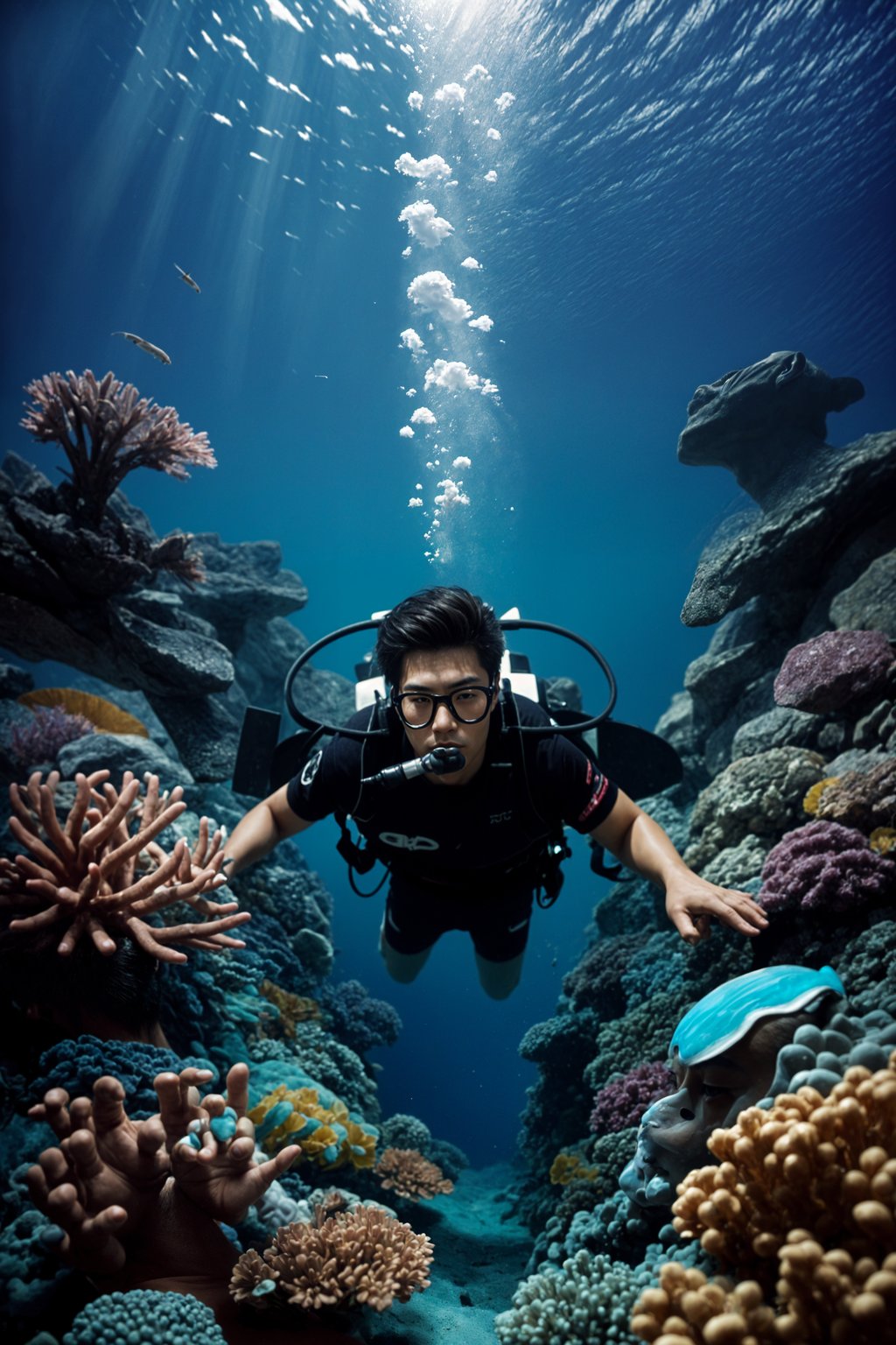 man scuba diving in a stunning coral reef, surrounded by colorful fish