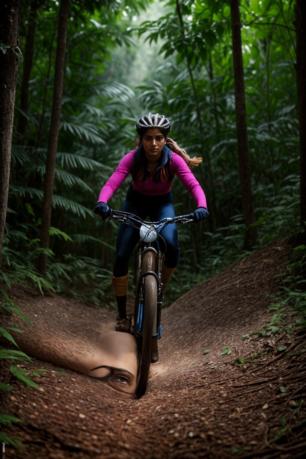 woman as individual mountain biking through a dense forest trail