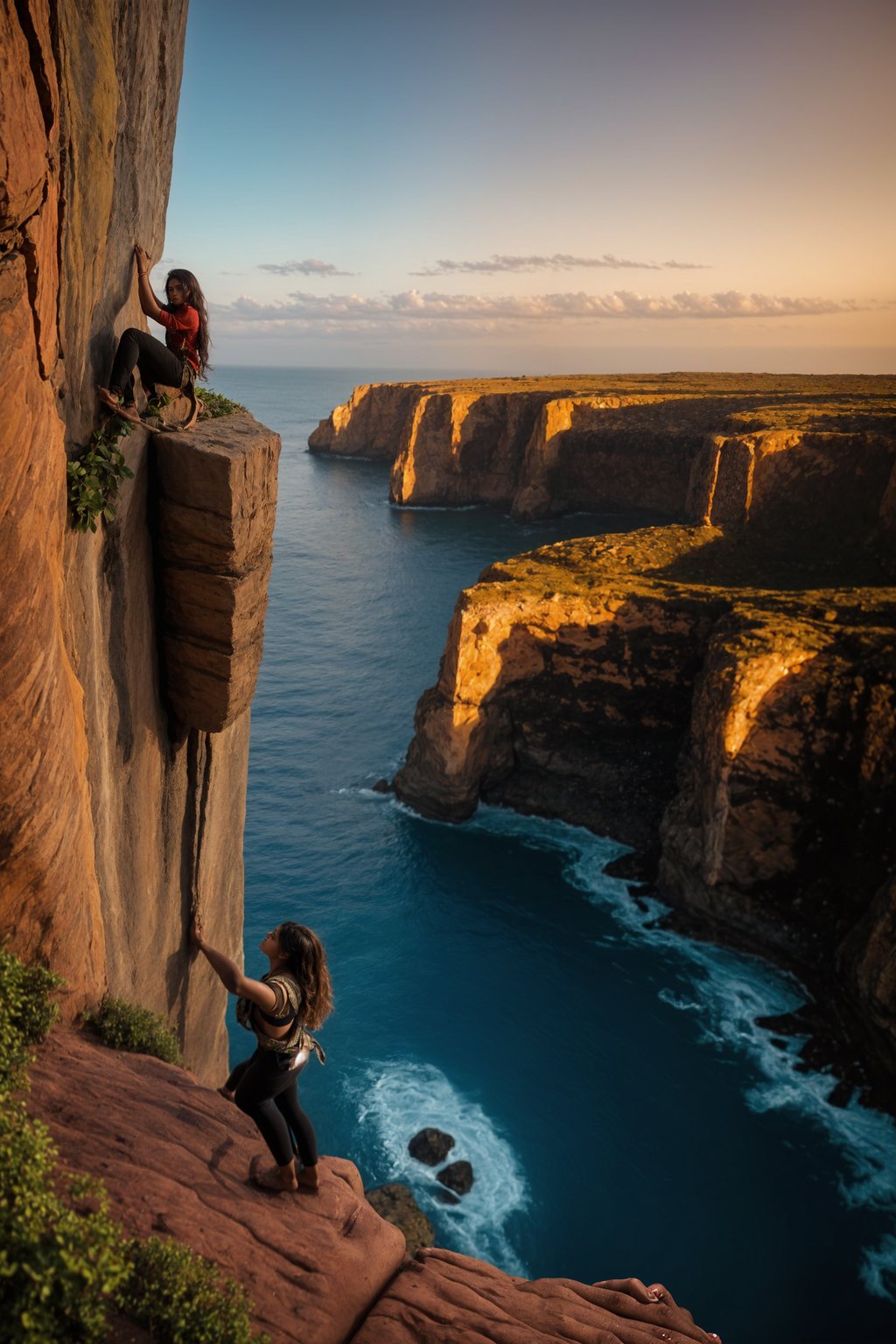 woman as adventurer rock climbing a daunting cliff with a breathtaking sea view