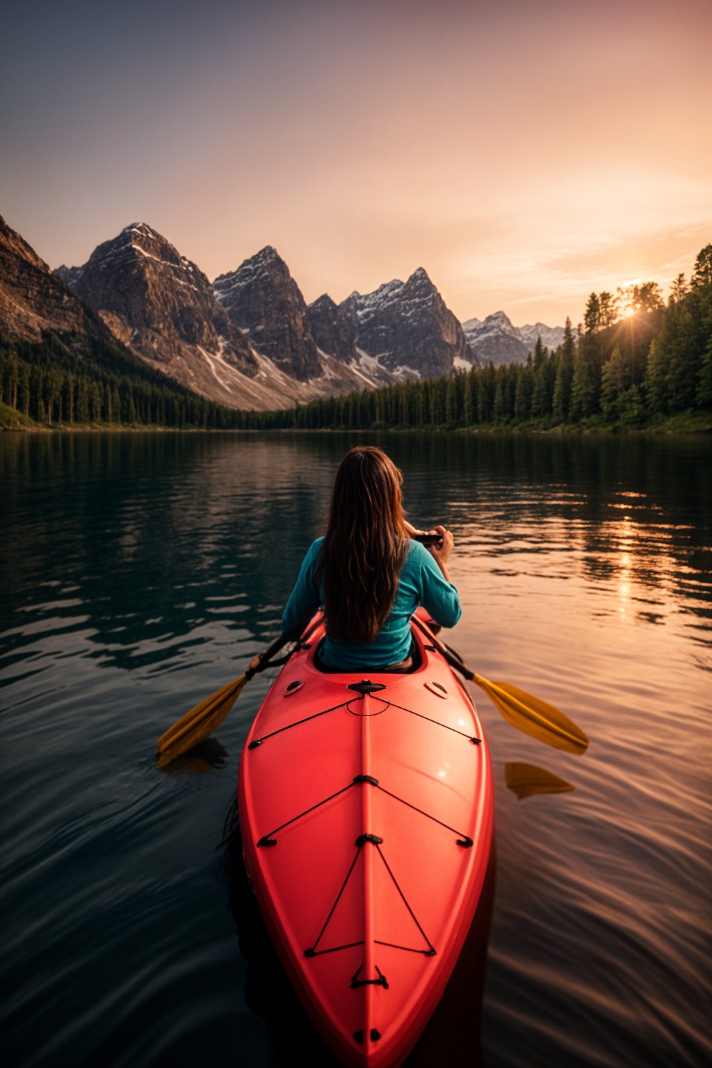 woman as explorer kayaking in a serene lake with a mesmerizing sunset backdrop