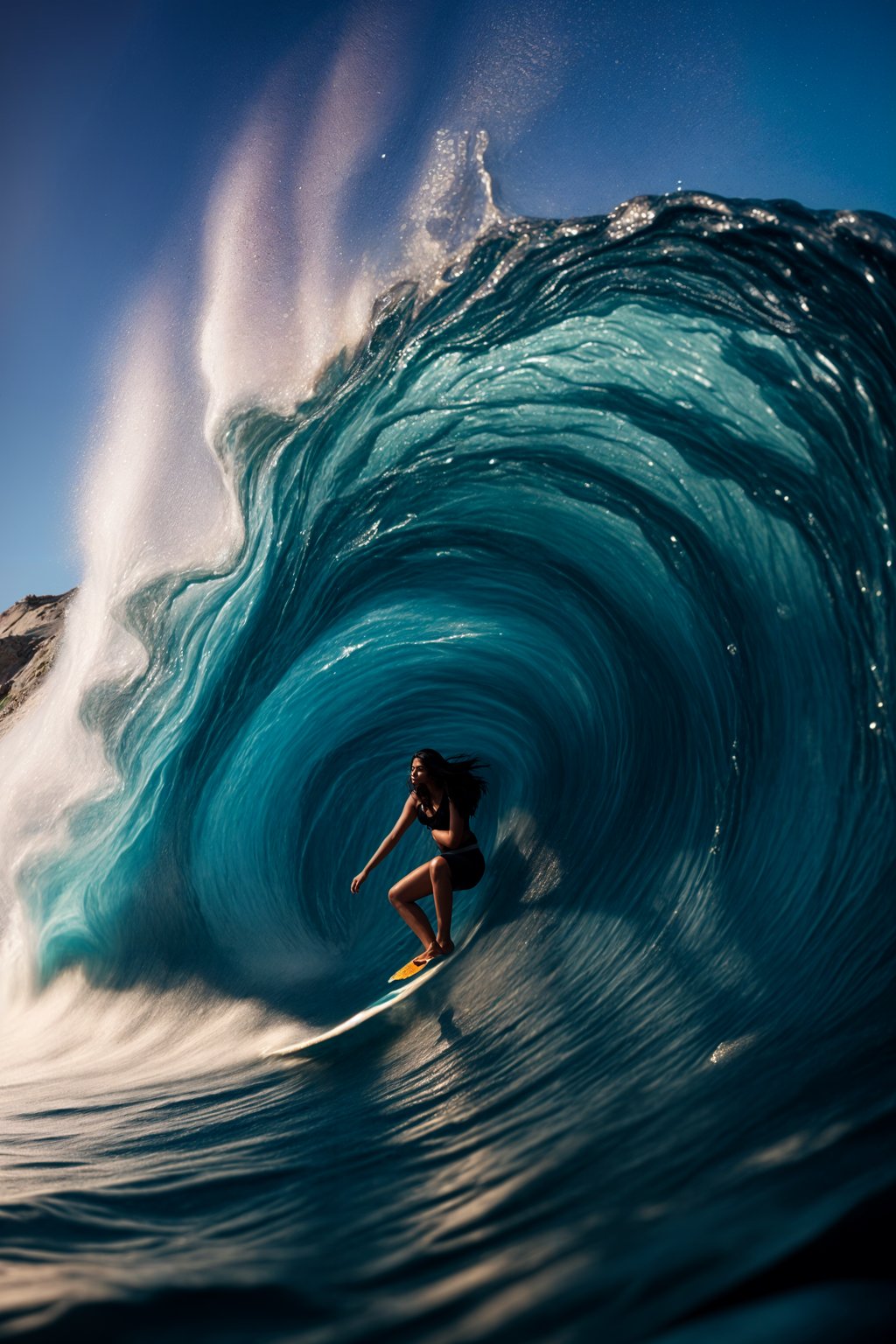 woman as individual surfing a massive wave in a clear, blue ocean