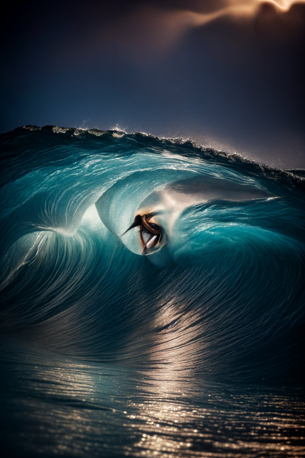 woman as individual surfing a massive wave in a clear, blue ocean