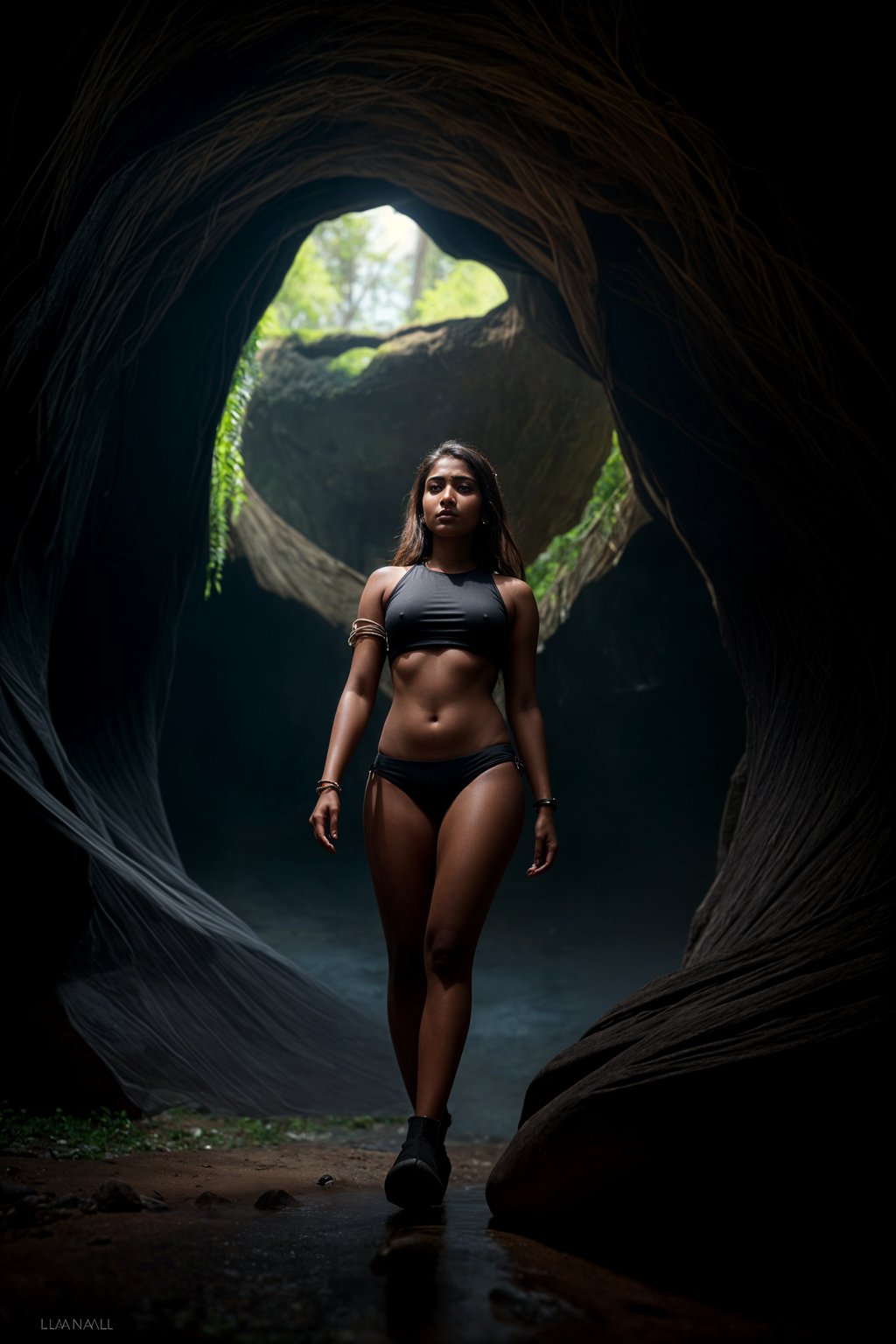 woman as individual hiking through an impressive cave system