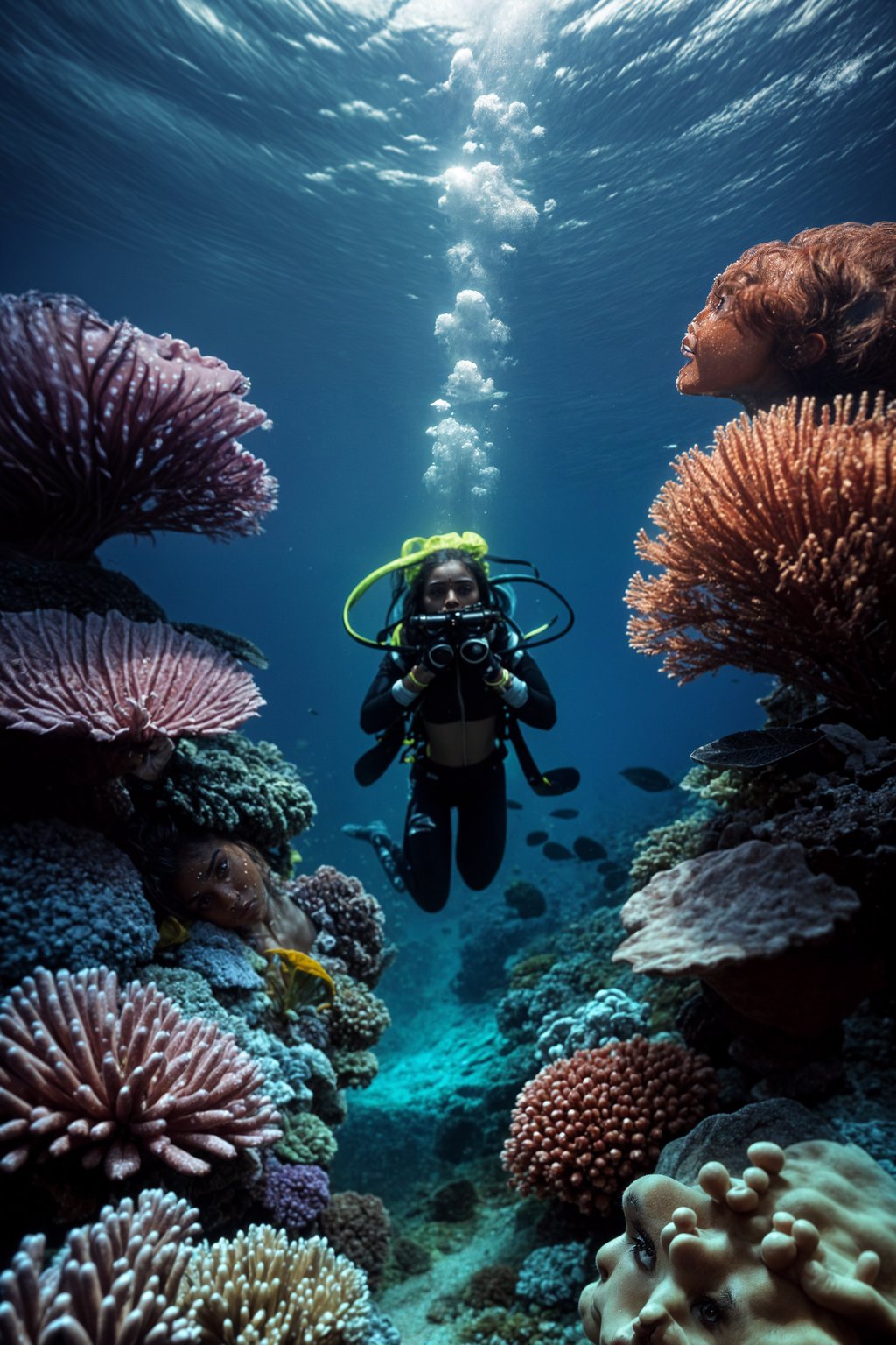 woman scuba diving in a stunning coral reef, surrounded by colorful fish