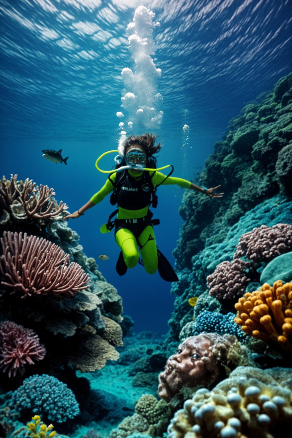 woman scuba diving in a stunning coral reef, surrounded by colorful fish