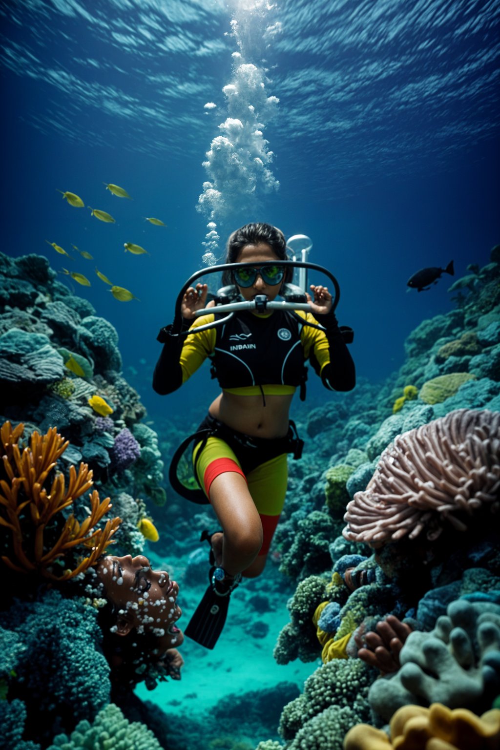 woman scuba diving in a stunning coral reef, surrounded by colorful fish