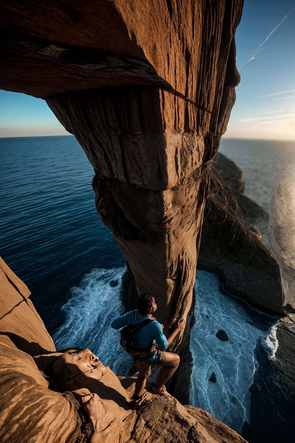 man as adventurer rock climbing a daunting cliff with a breathtaking sea view