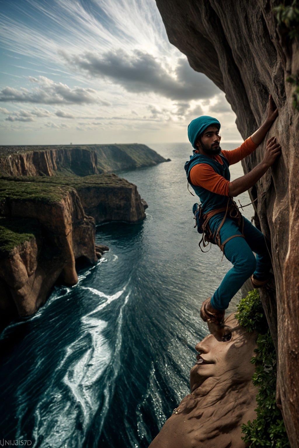 man as adventurer rock climbing a daunting cliff with a breathtaking sea view