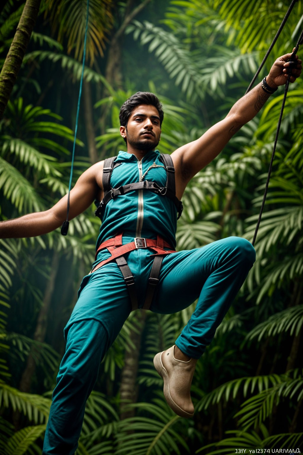 man zip-lining through a tropical rainforest canopy