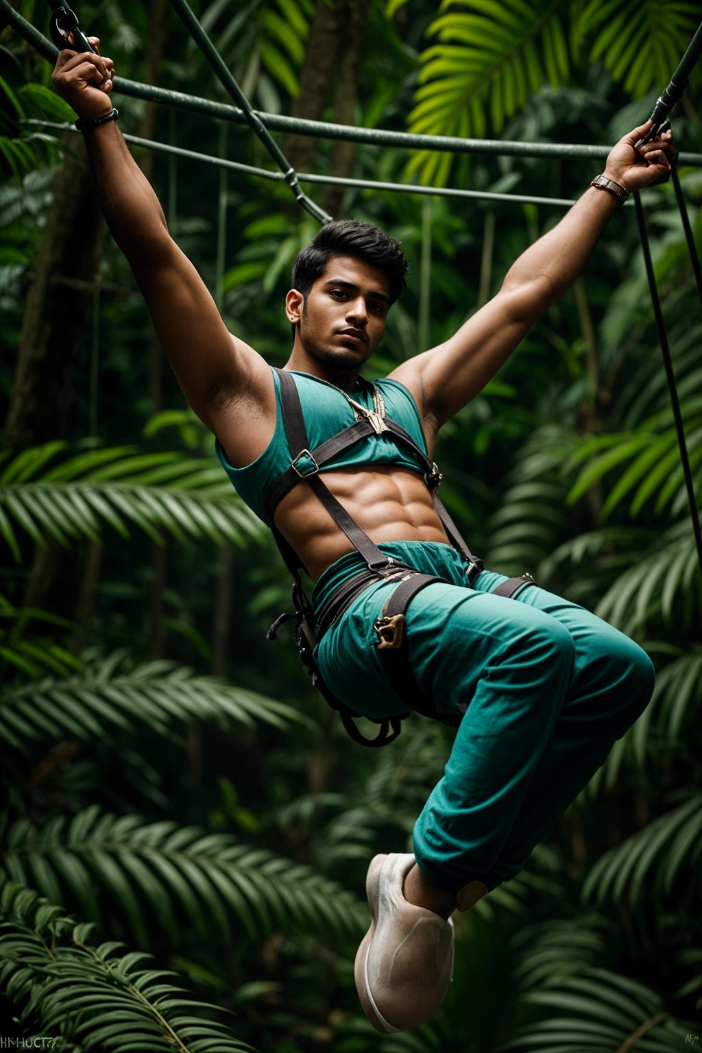 man zip-lining through a tropical rainforest canopy