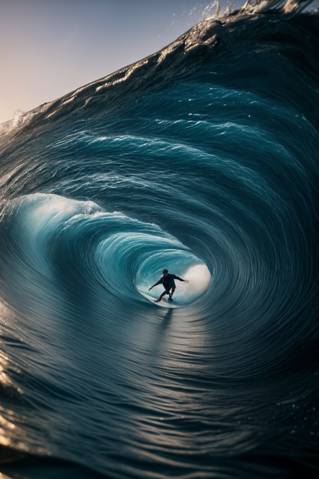 man as individual surfing a massive wave in a clear, blue ocean