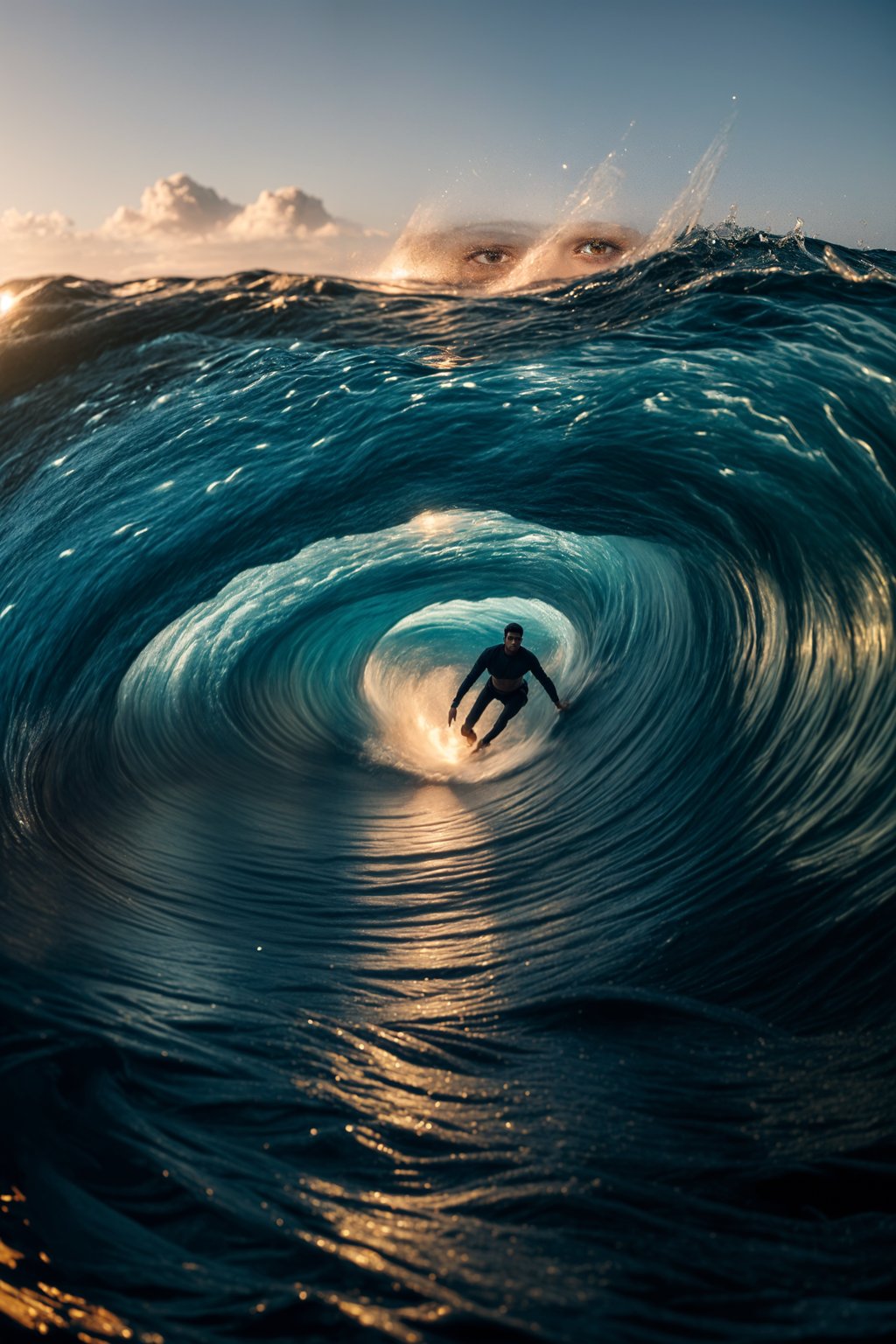 man as individual surfing a massive wave in a clear, blue ocean