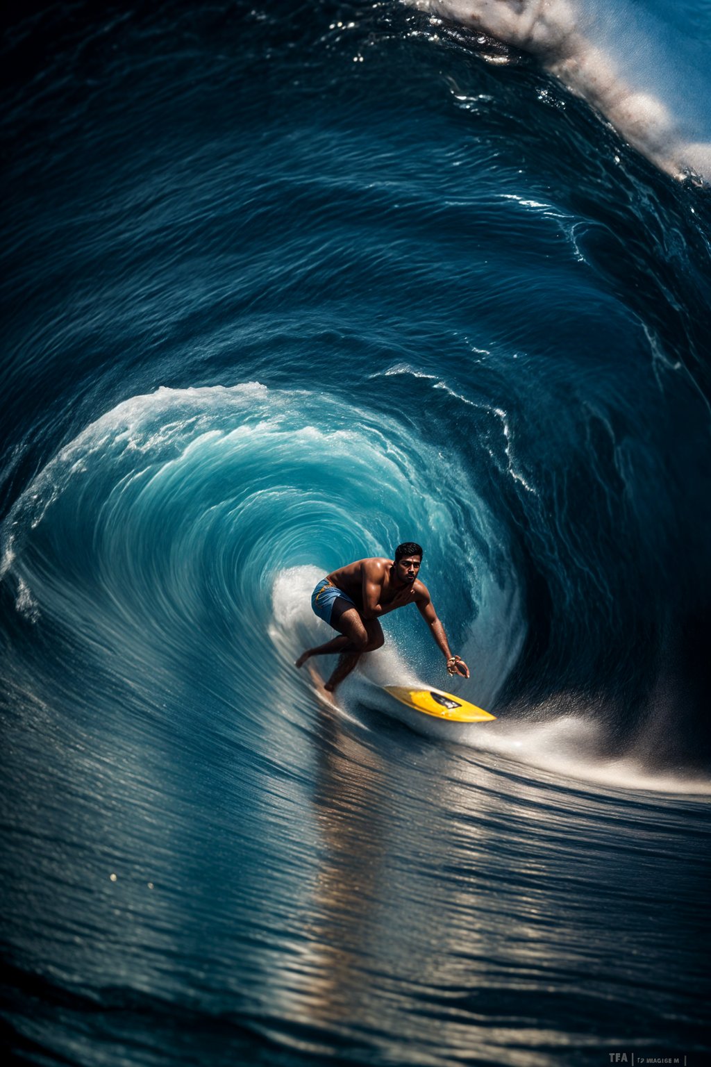 man as individual surfing a massive wave in a clear, blue ocean