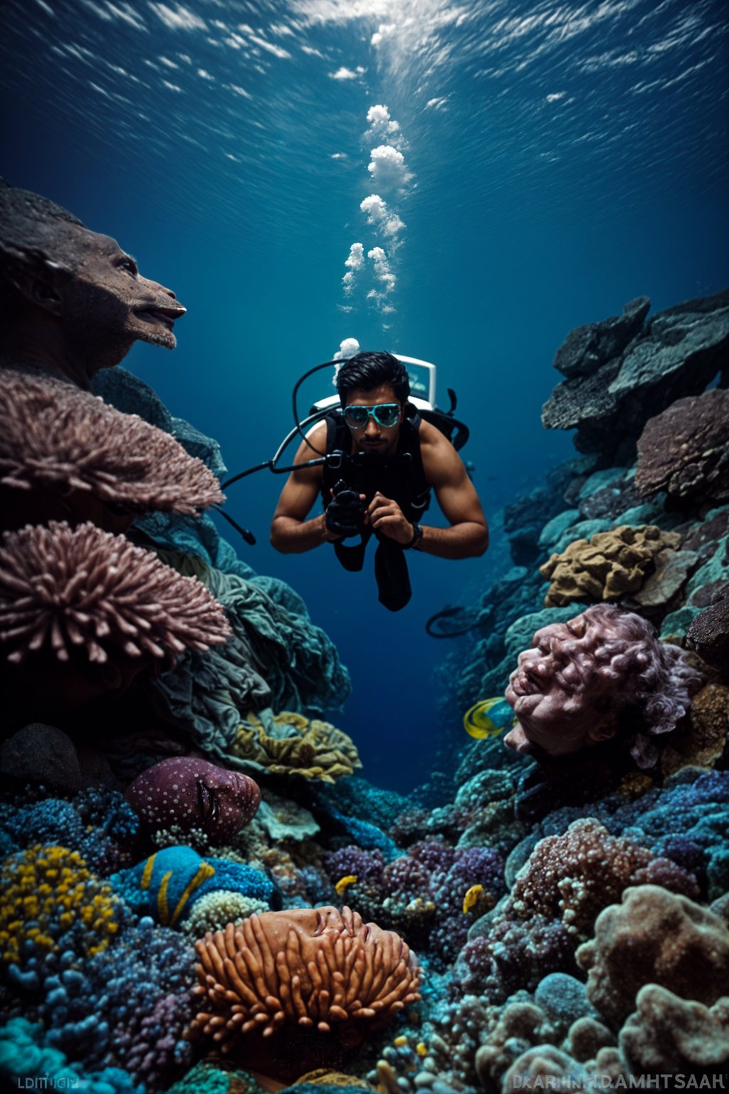 man scuba diving in a stunning coral reef, surrounded by colorful fish