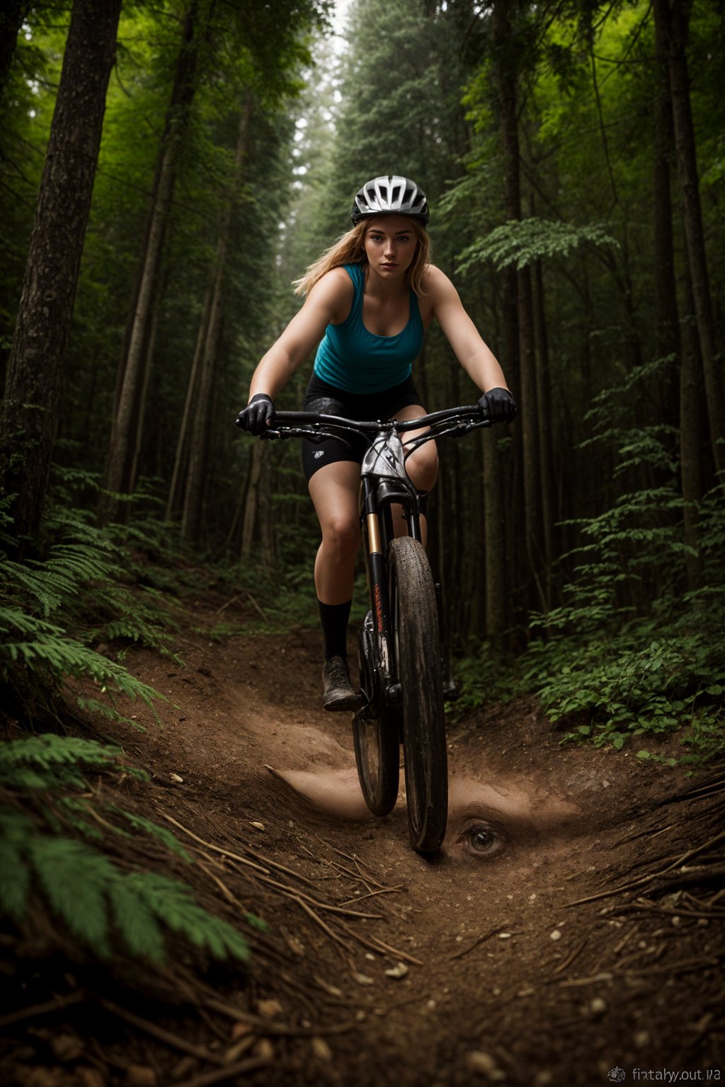 woman as individual mountain biking through a dense forest trail