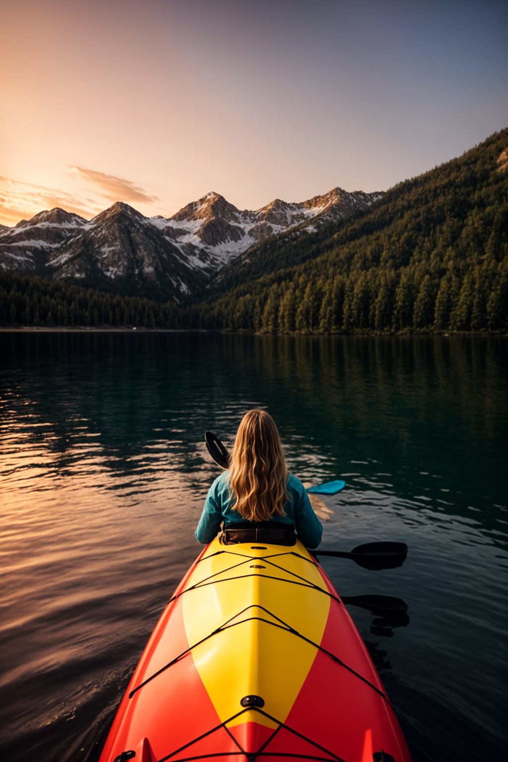 woman as explorer kayaking in a serene lake with a mesmerizing sunset backdrop