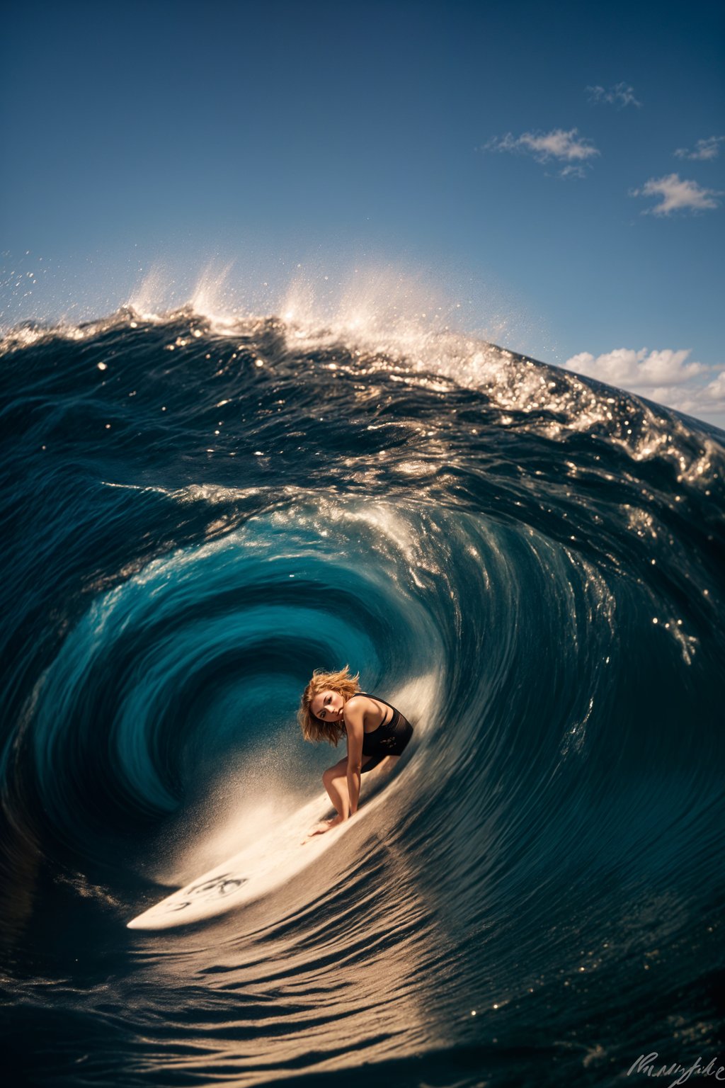 woman as individual surfing a massive wave in a clear, blue ocean