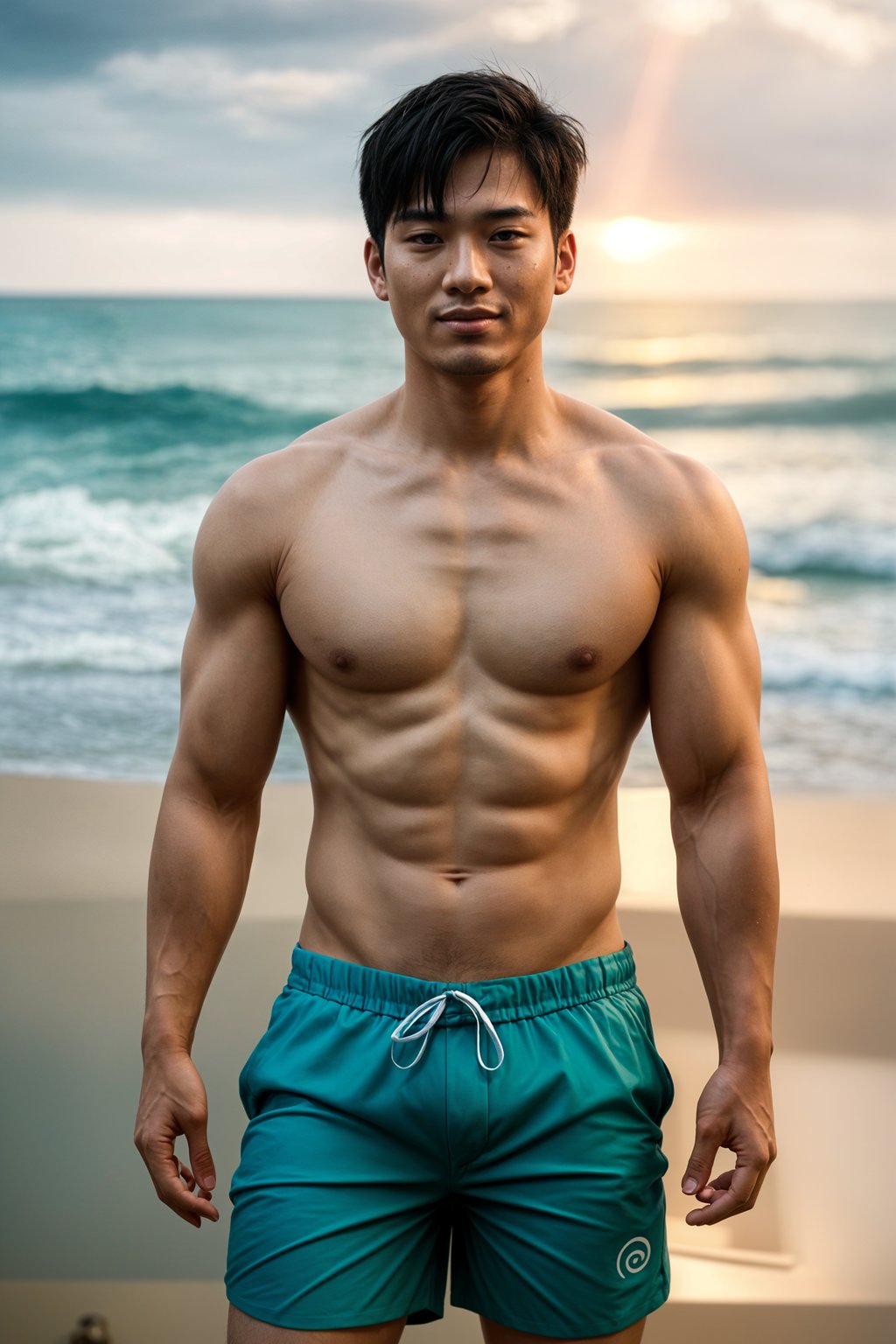 smiling man in  swim shorts on the beach, wet hair,   men's health fitness magazine photos