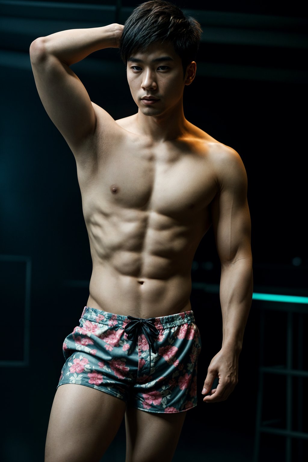 a man wearing  silk floral swim shorts in night club, instagram photo, instagram, , fit body
