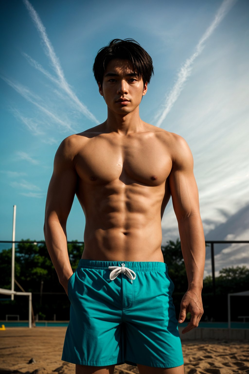 man in  swim trunks on a beach volleyball court, ready to serve