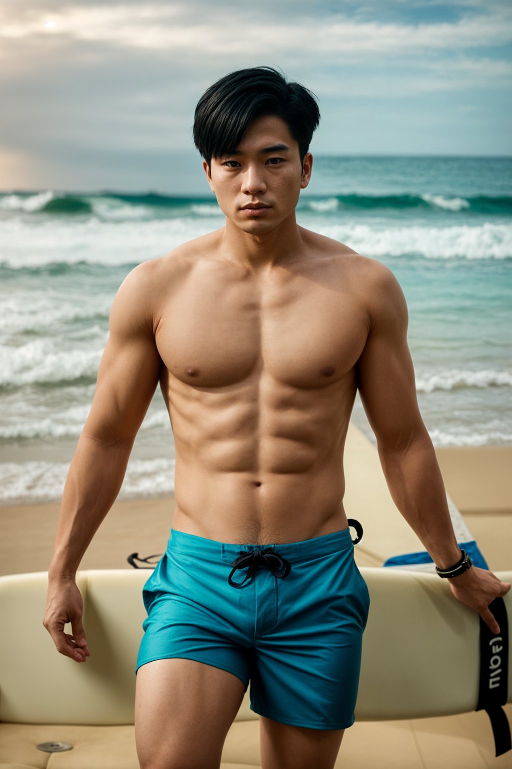 man in  board shorts with surfboard on the beach, ready to ride the waves