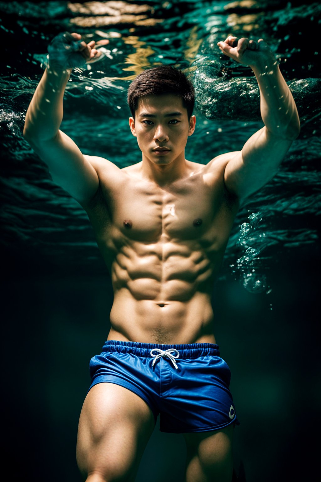 man in  swim shorts underwater, showcasing athletic ability