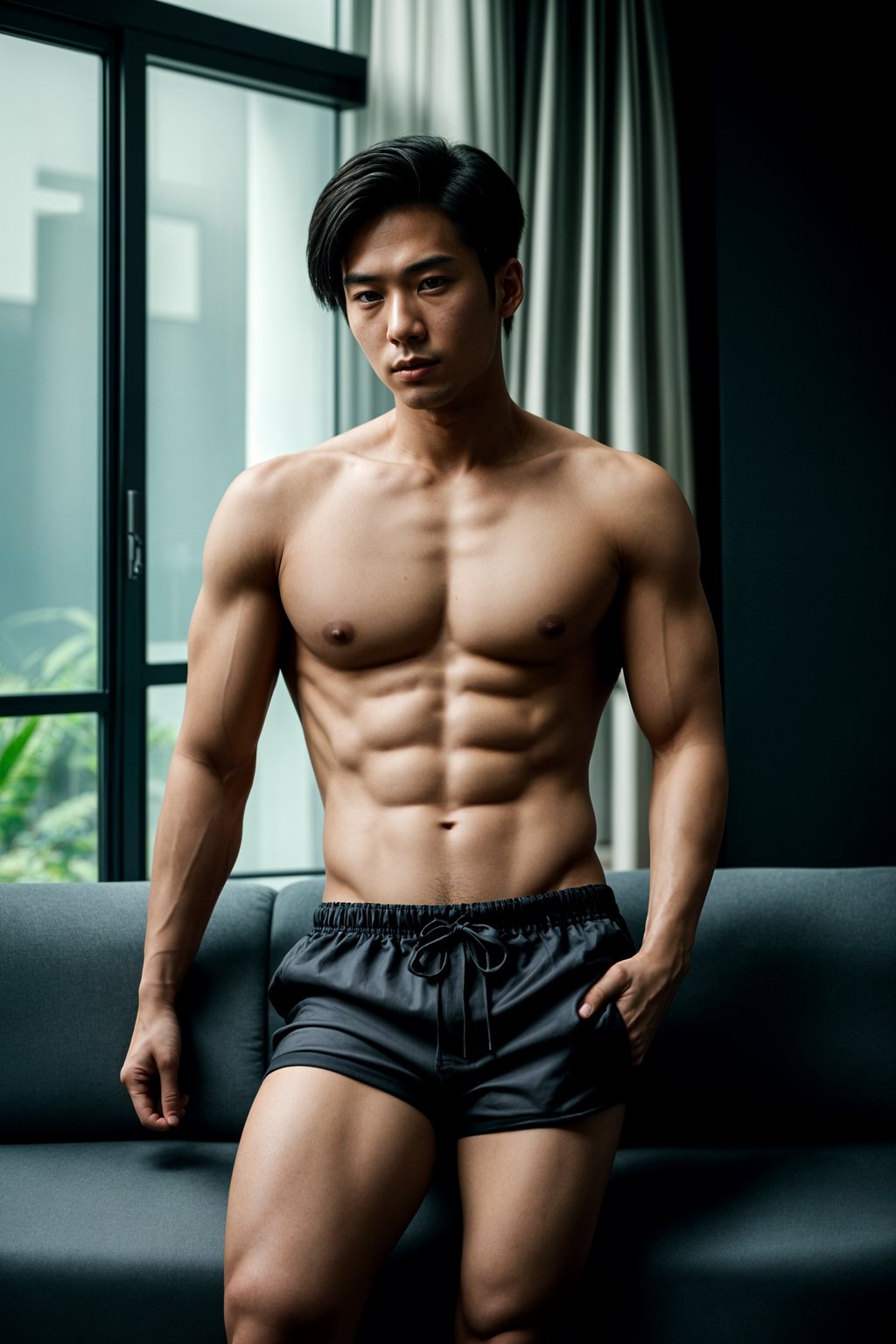 a medium portrait of a man wearing  black silk swim shorts in luxury villa living room, instagram photo, instagram,  fit body experimental futuristic bikini