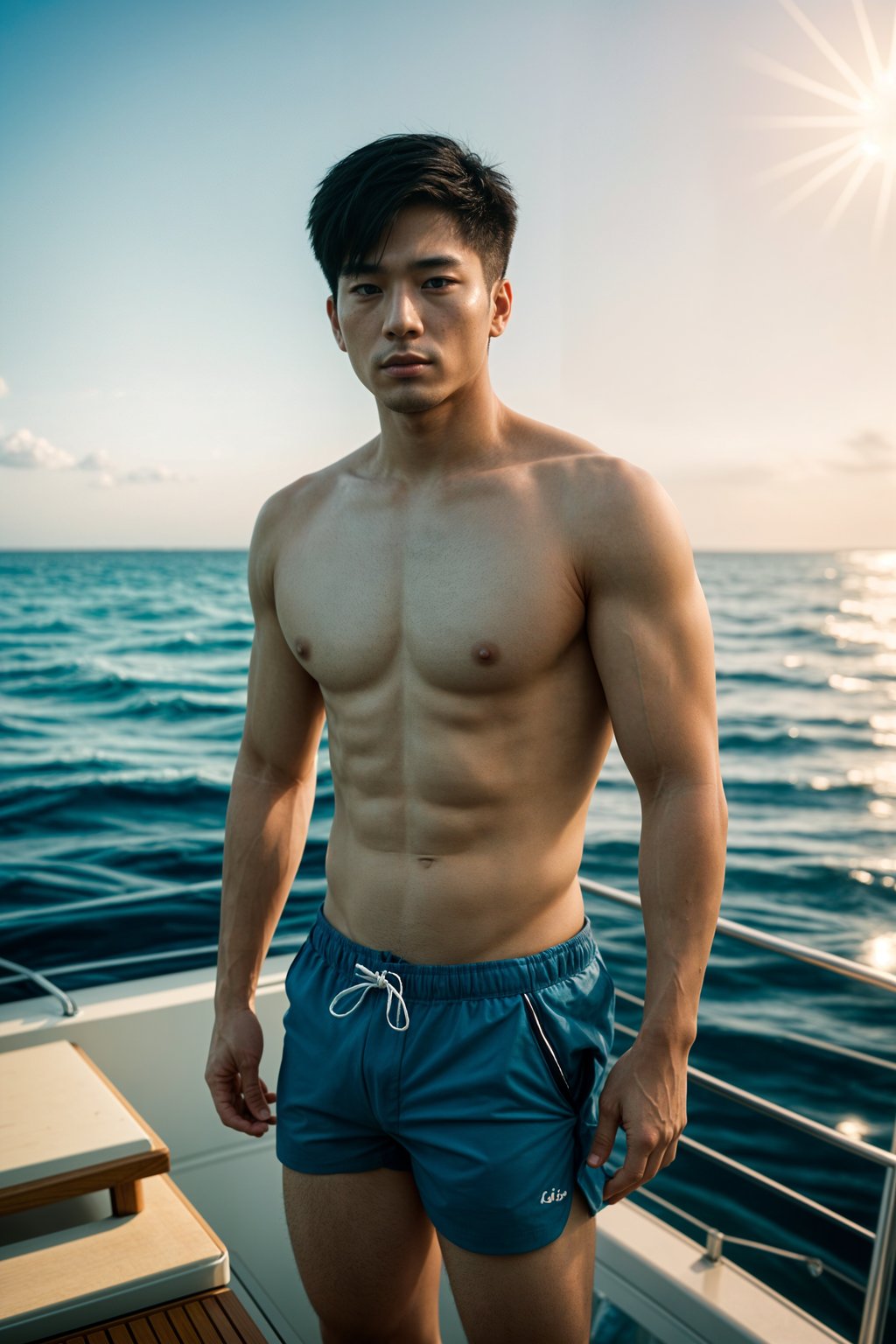 man in  swim shorts on a yacht, enjoying the sun and sea