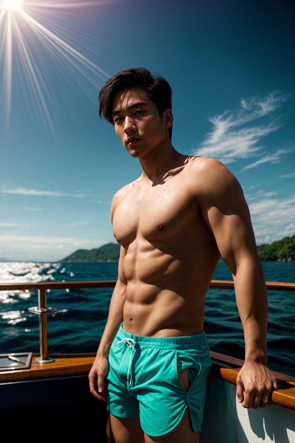 man in  swim shorts on a yacht, enjoying the sun and sea