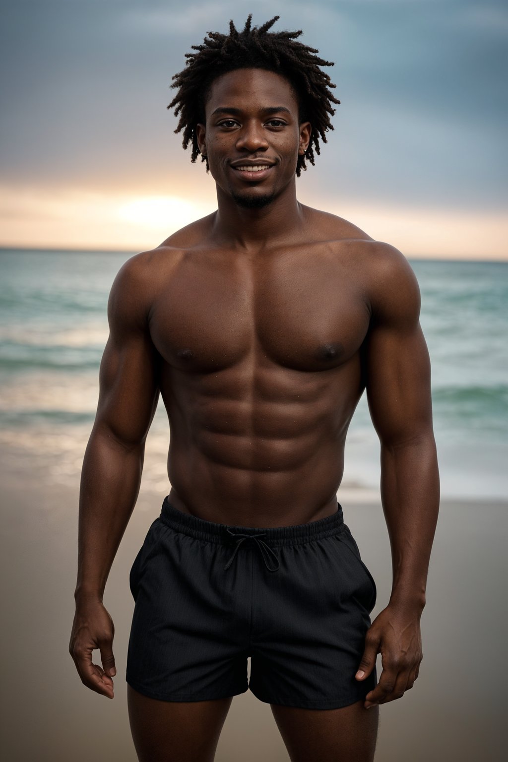 smiling man in  swim shorts on the beach, wet hair,   men's health fitness magazine photos