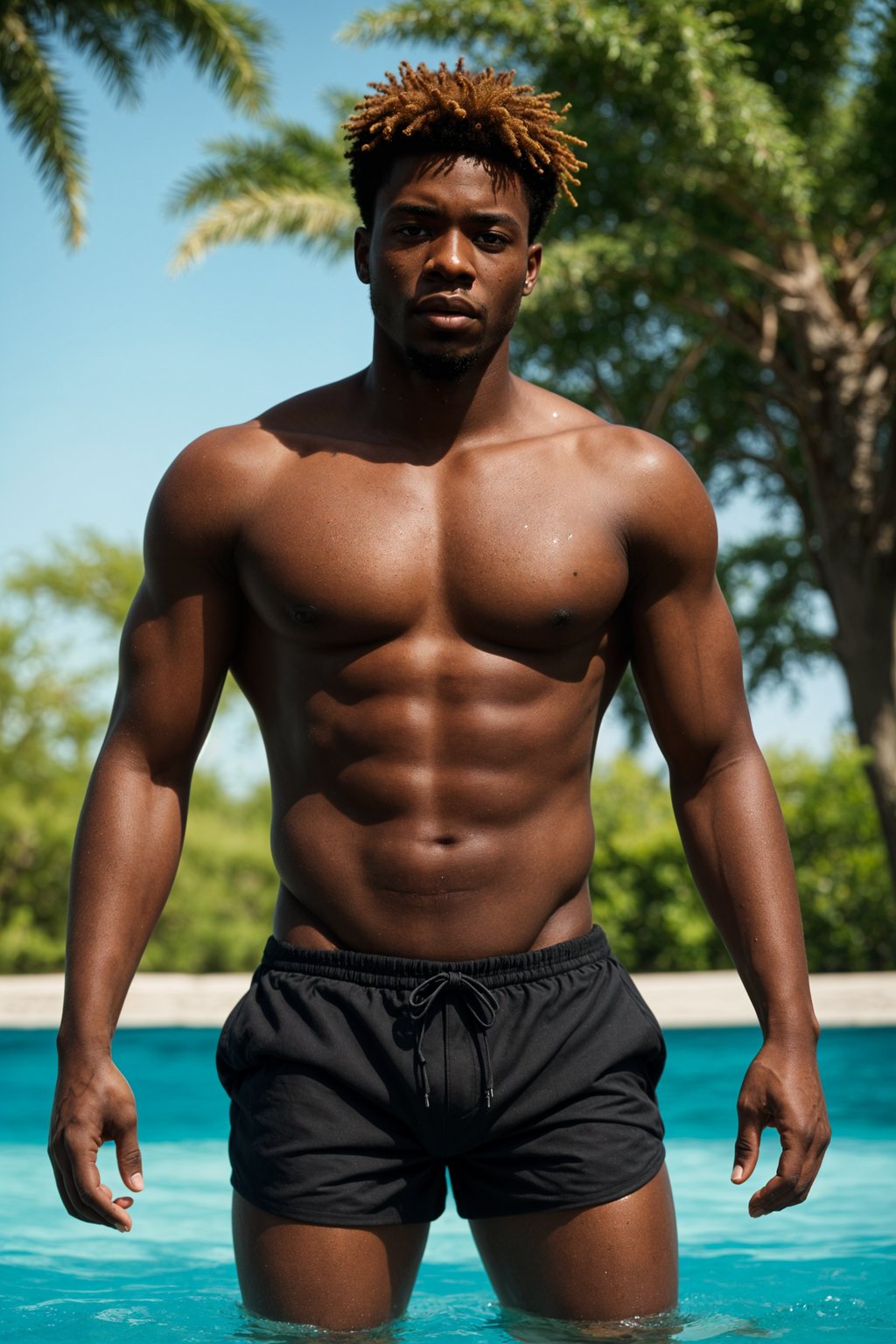 man in  swim shorts by the poolside, making a splash