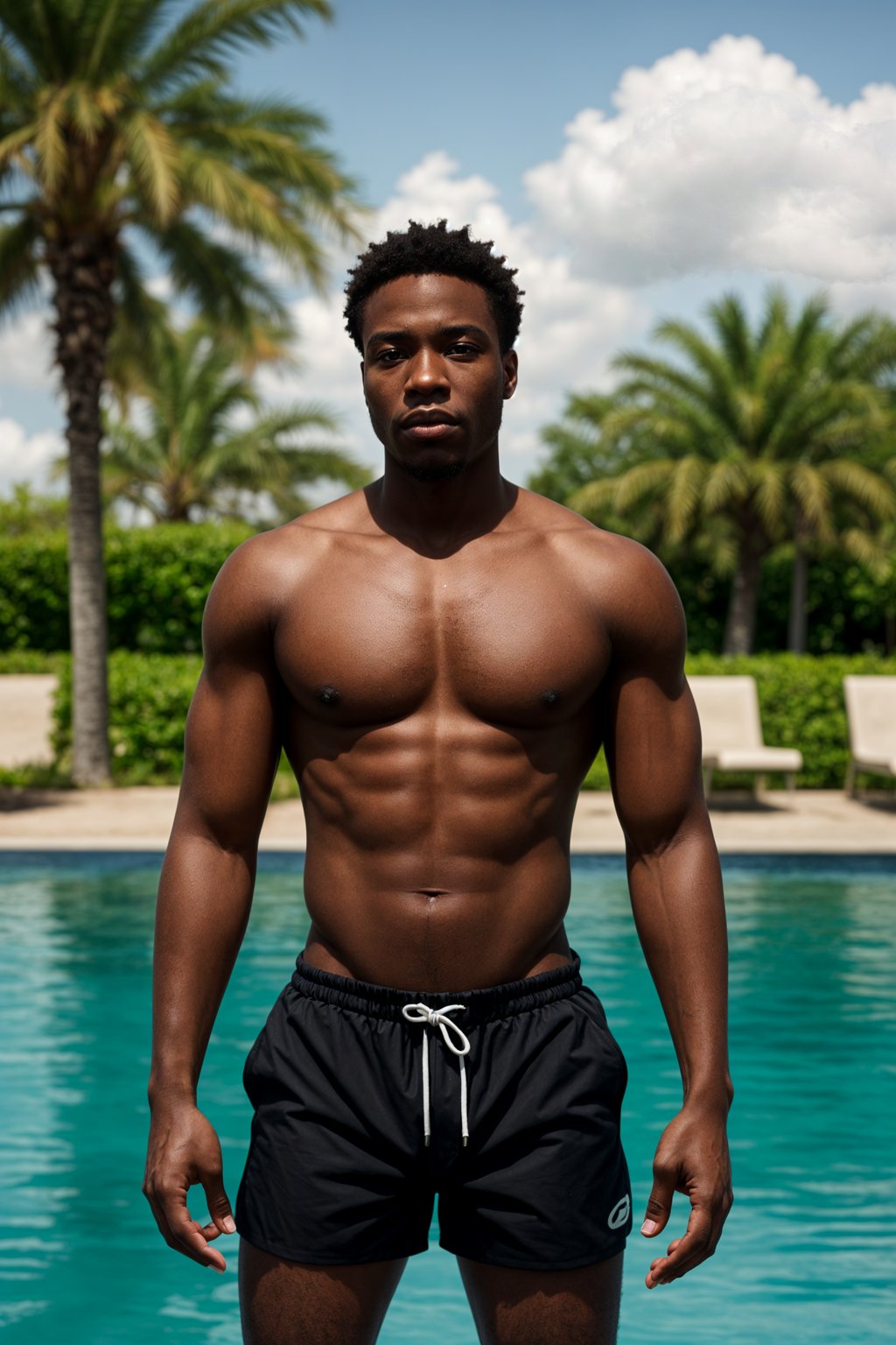 man in  swim shorts by the poolside, making a splash