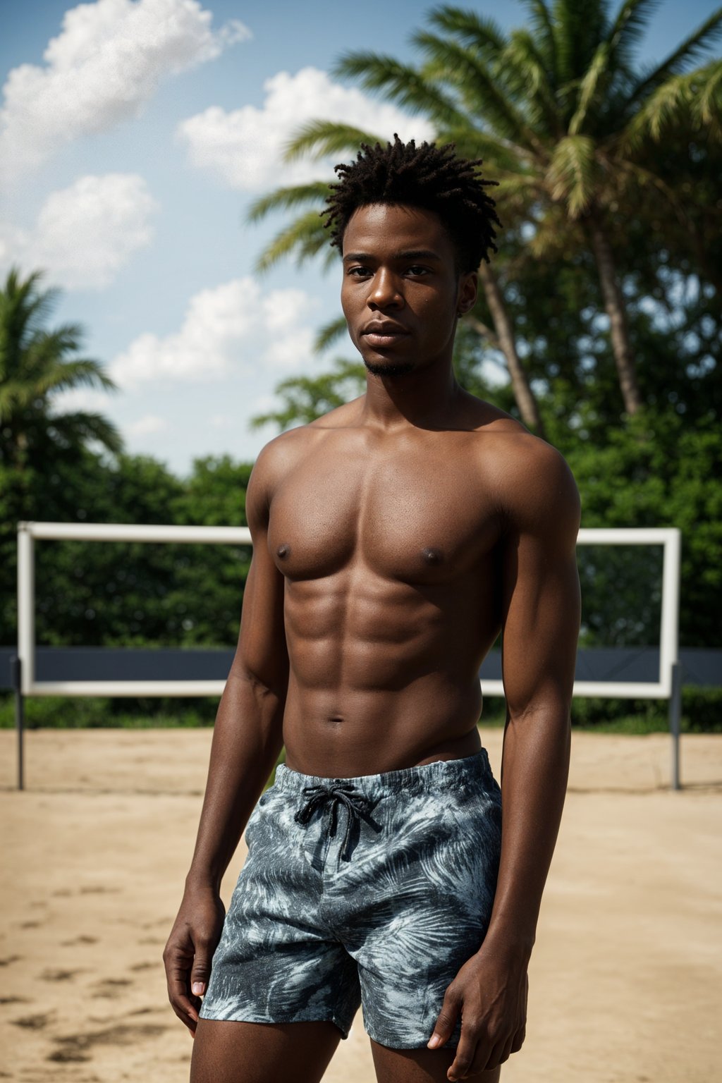 man in  swim trunks on a beach volleyball court, ready to serve