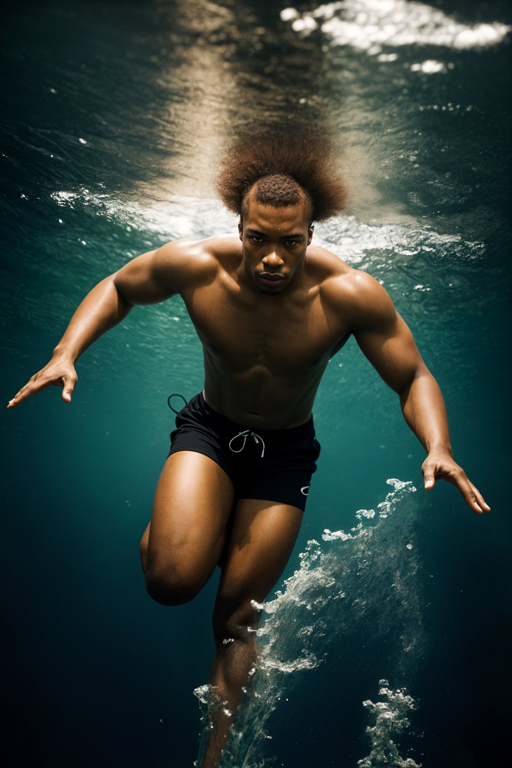 man in  swim shorts underwater, showcasing athletic ability