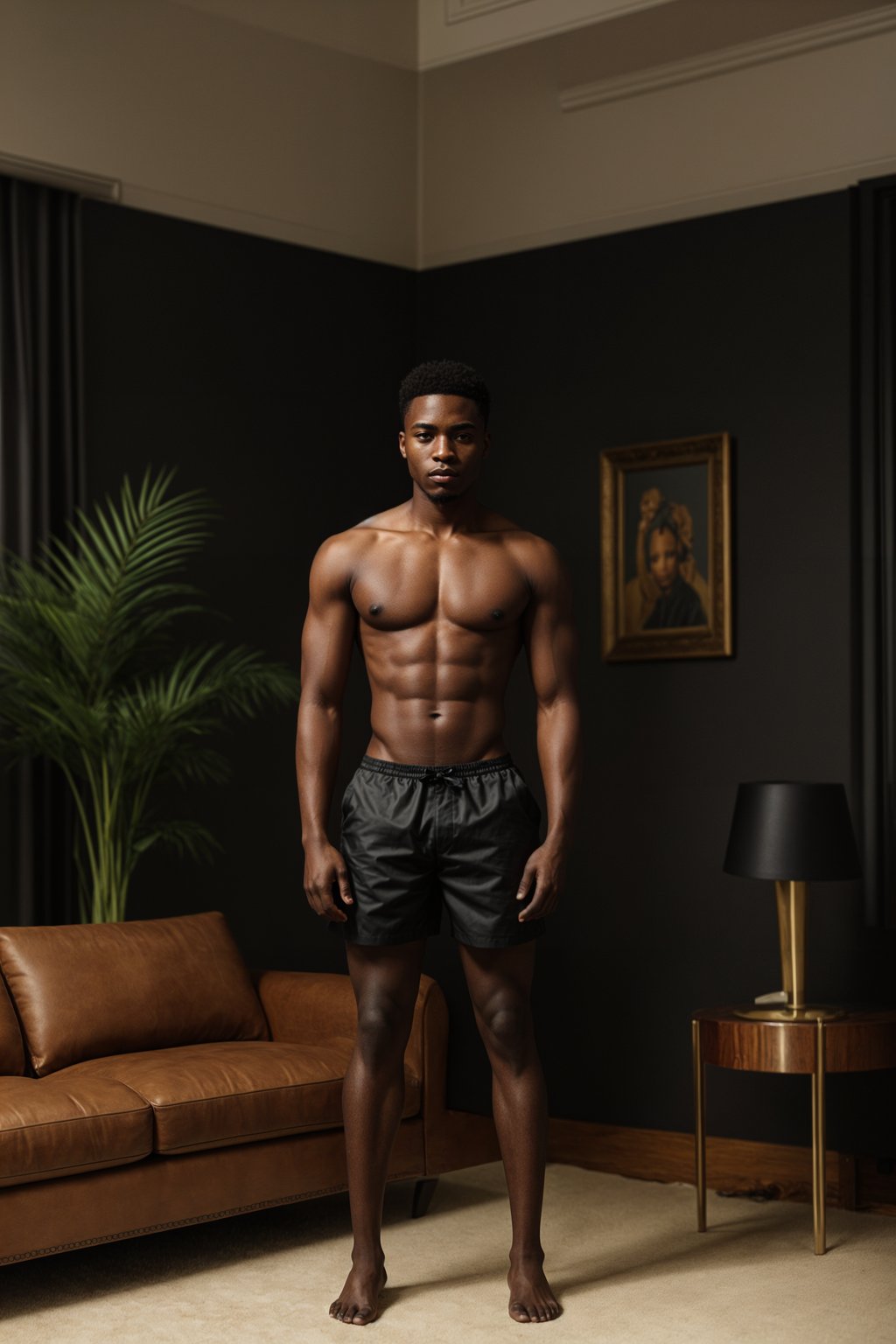 a medium portrait of a man wearing  black silk swim shorts in luxury villa living room, instagram photo, instagram,  fit body experimental futuristic bikini