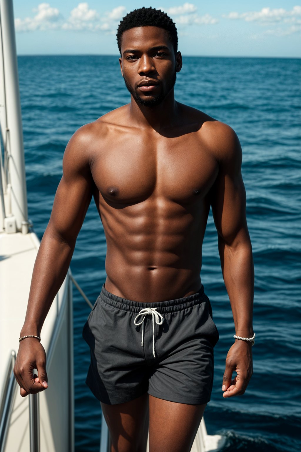 man in  swim shorts on a yacht, enjoying the sun and sea