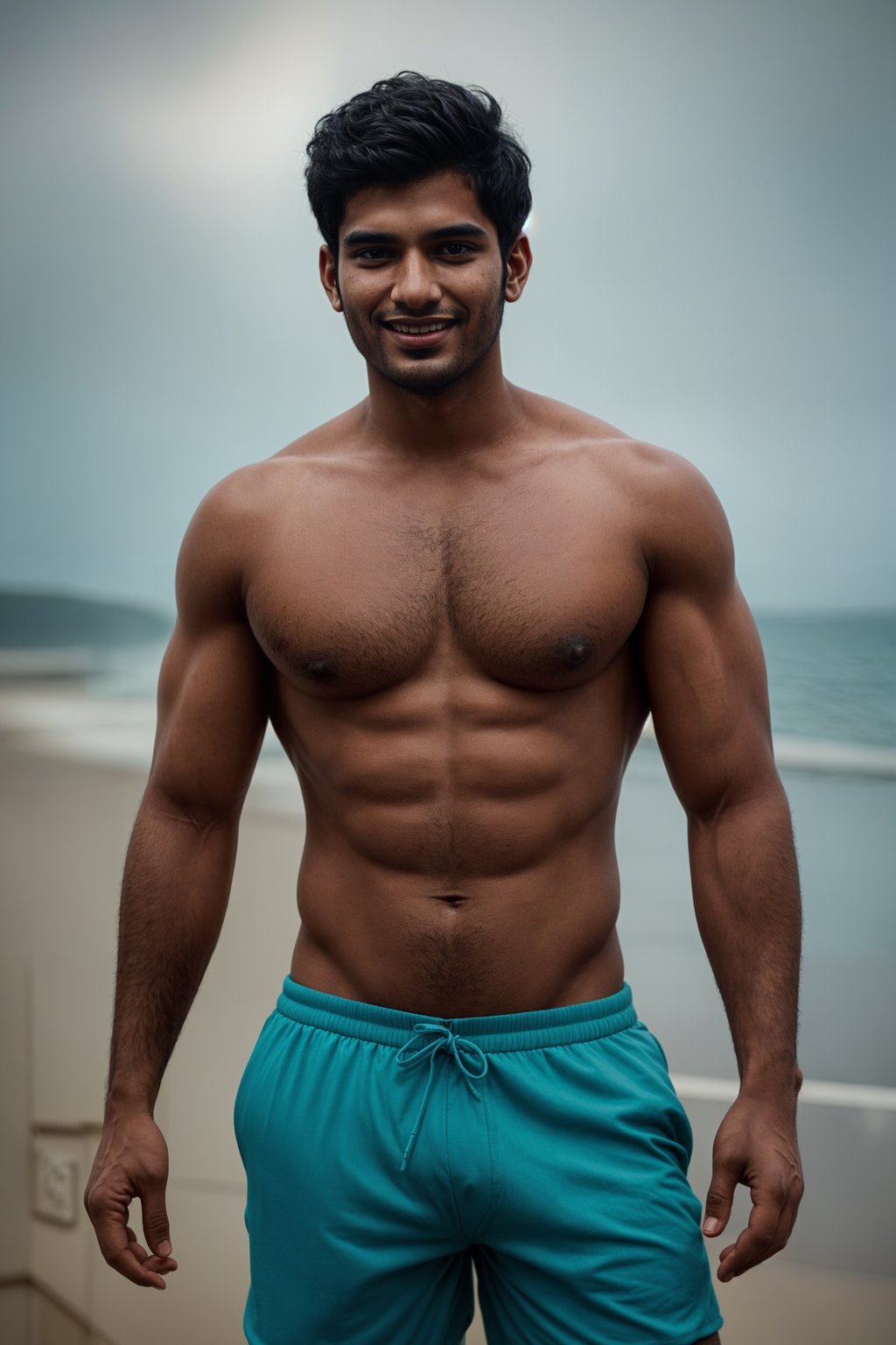 smiling man in  swim shorts on the beach, wet hair,   men's health fitness magazine photos