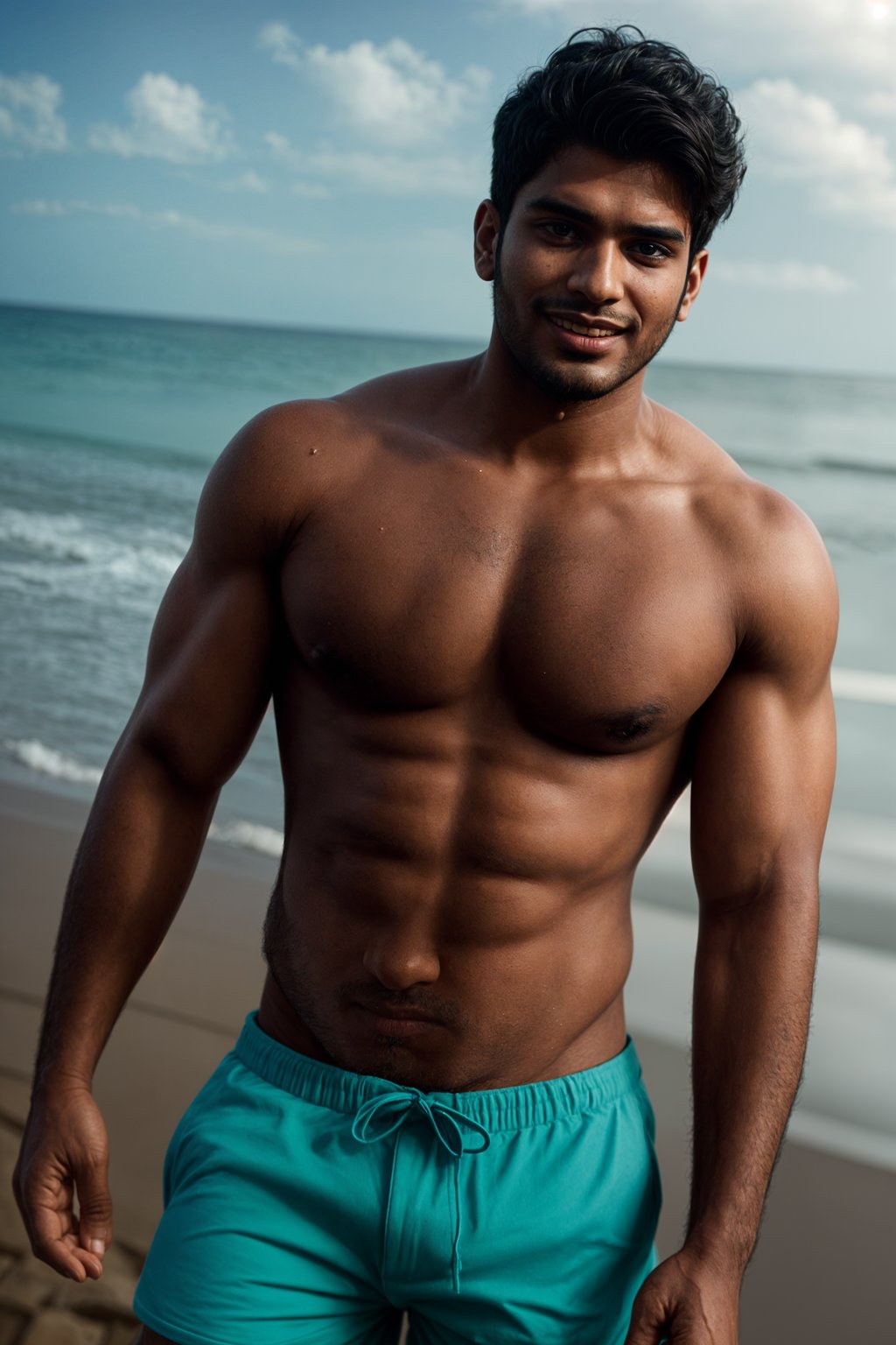 smiling man in  swim shorts on the beach, wet hair,   men's health fitness magazine photos