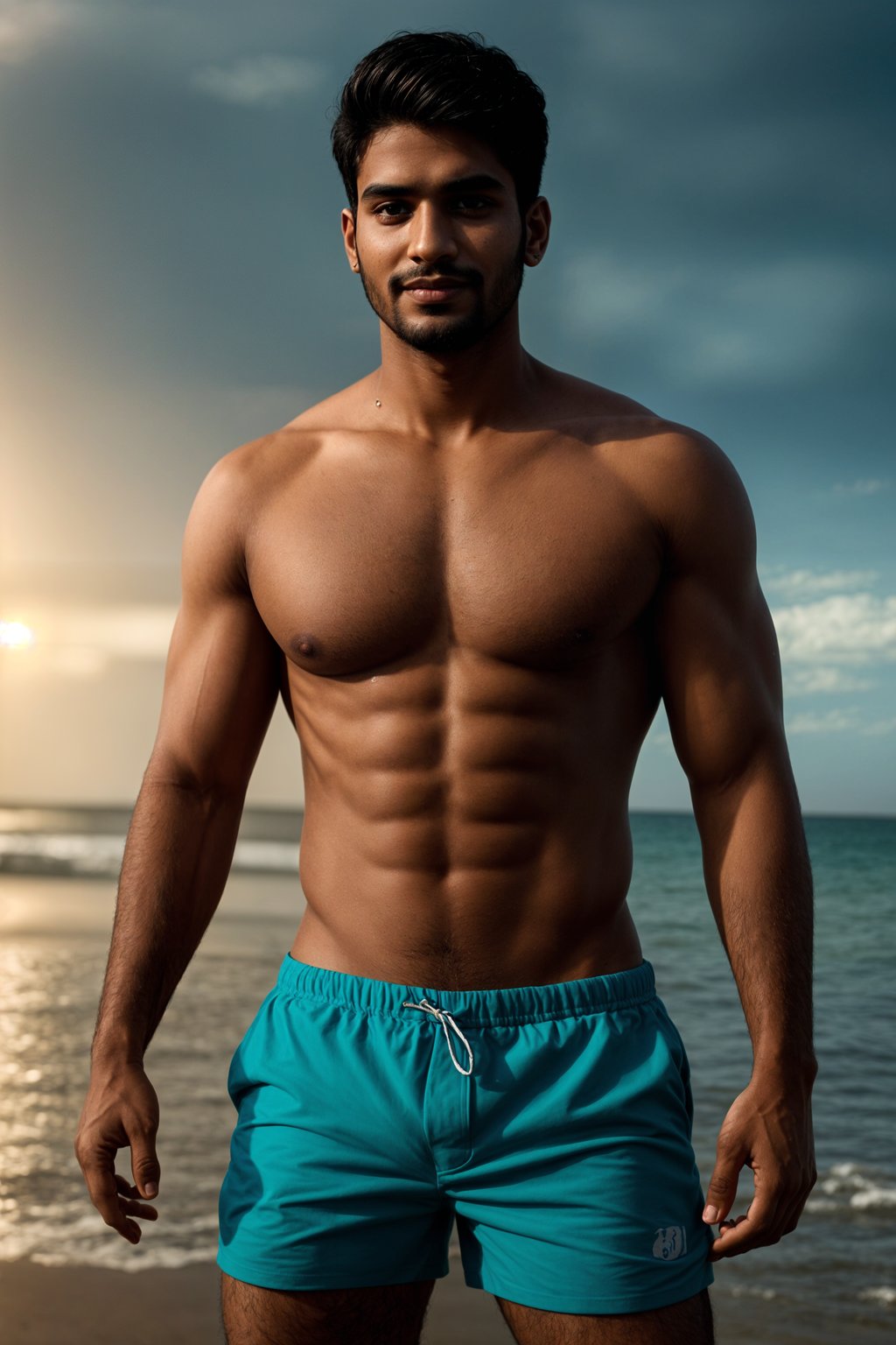 smiling man in  swim shorts on the beach, wet hair,   men's health fitness magazine photos