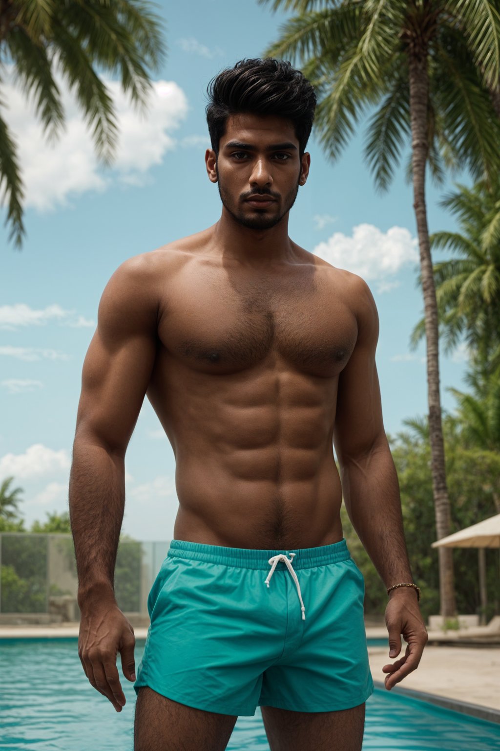 man in  swim shorts by the poolside, making a splash