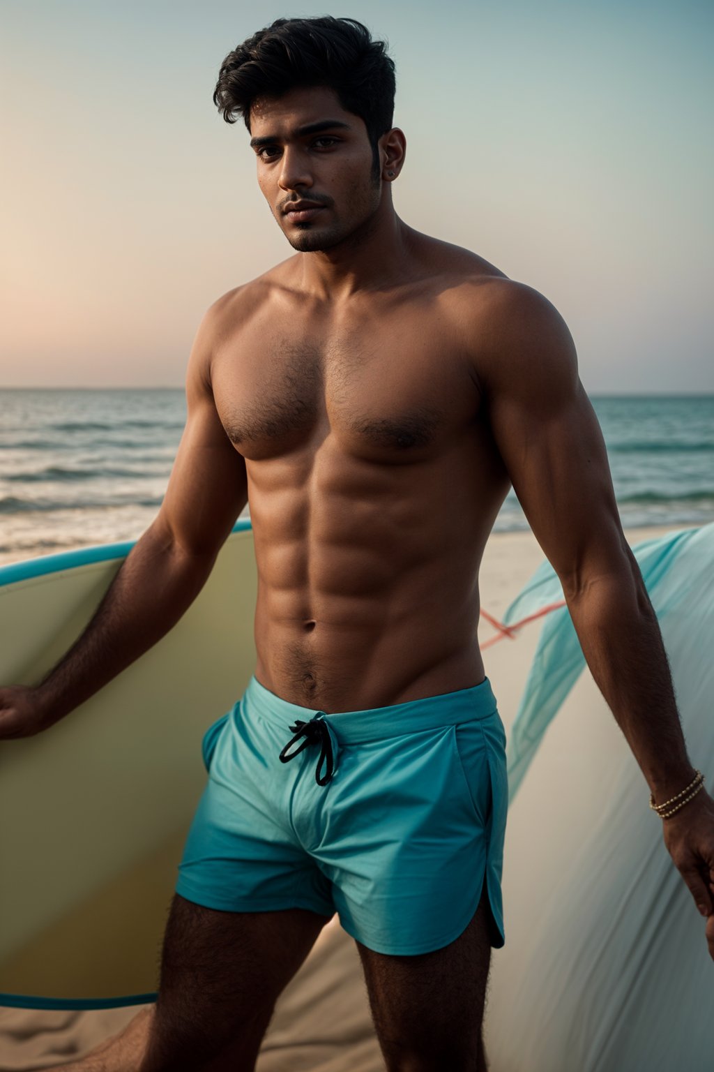 man in  board shorts with surfboard on the beach, ready to ride the waves