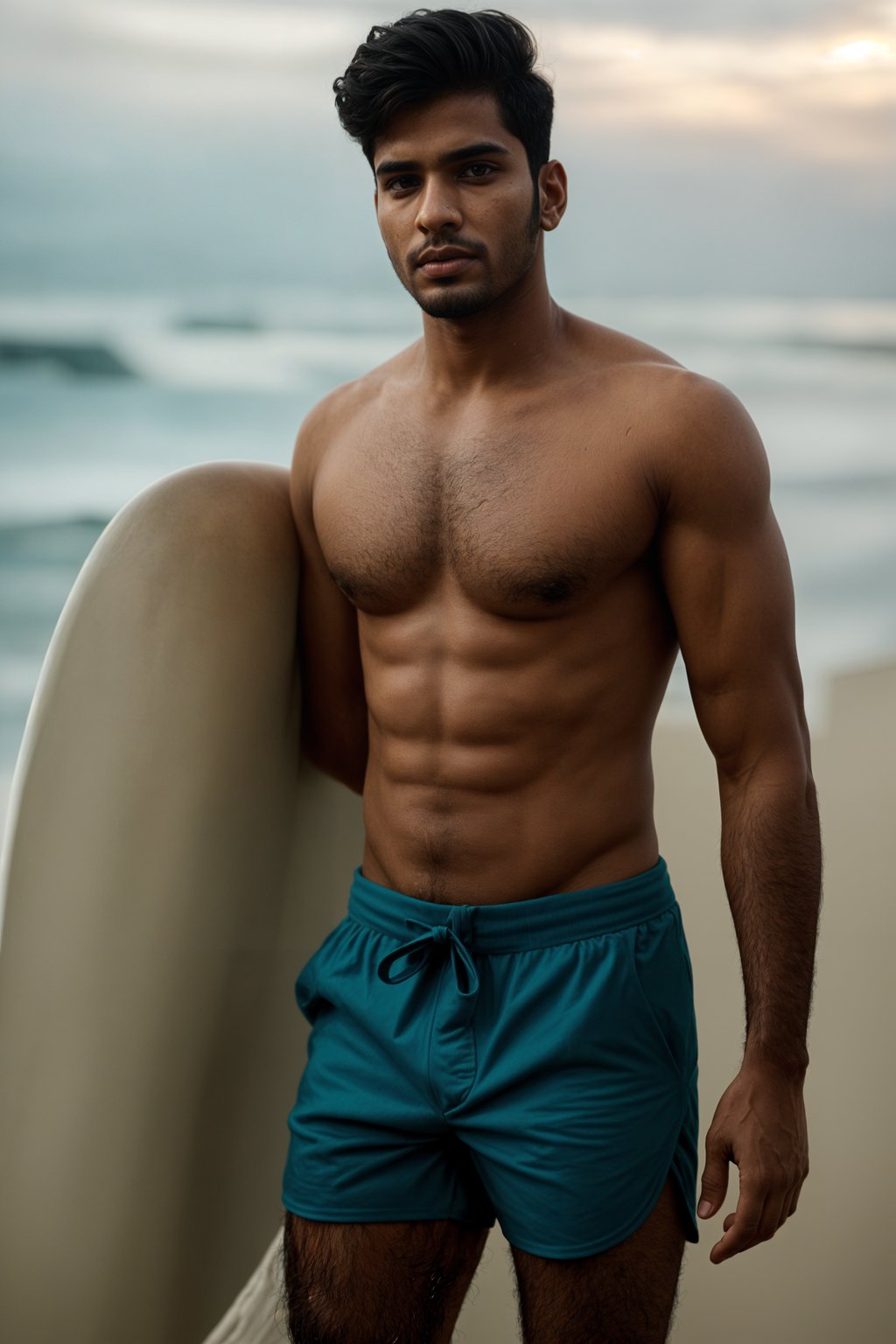 man in  board shorts with surfboard on the beach, ready to ride the waves