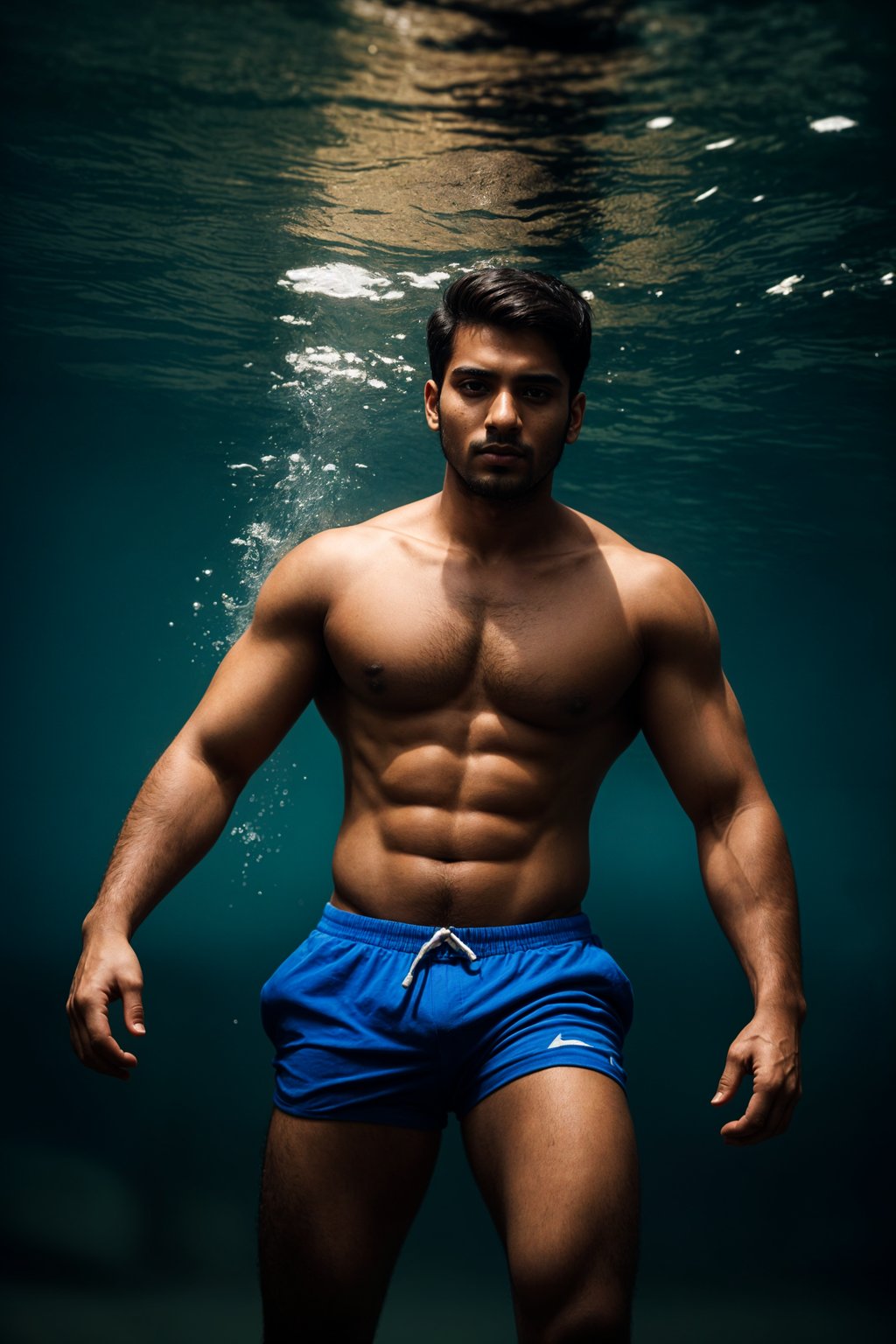 man in  swim shorts underwater, showcasing athletic ability