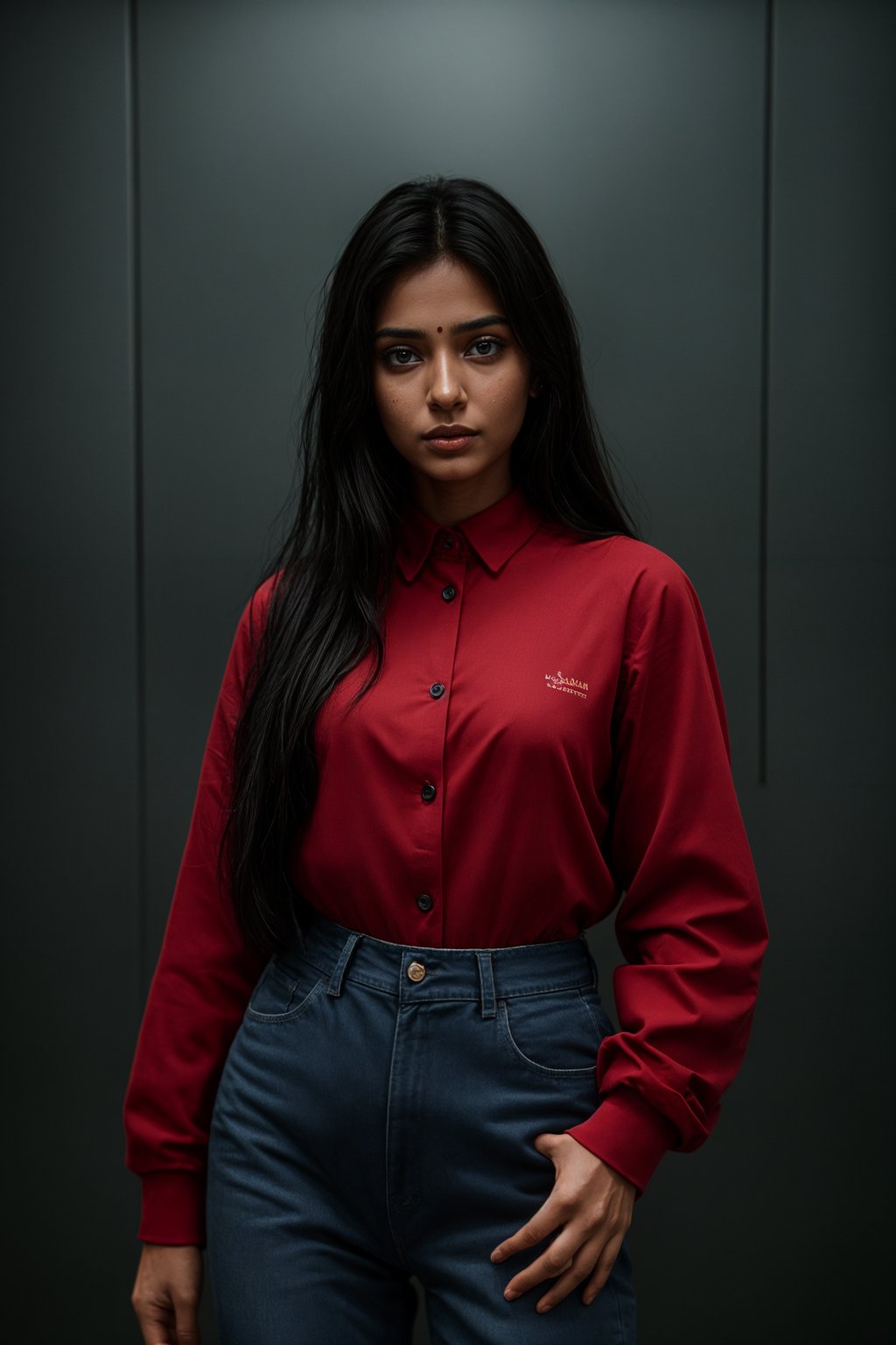 Korean woman (with black hair) (as korean kpop k-pop idol) posing for photo, wearing Korean clothes, Korean fashion, Korean fashion, Korean makeup, (in front of solid background)