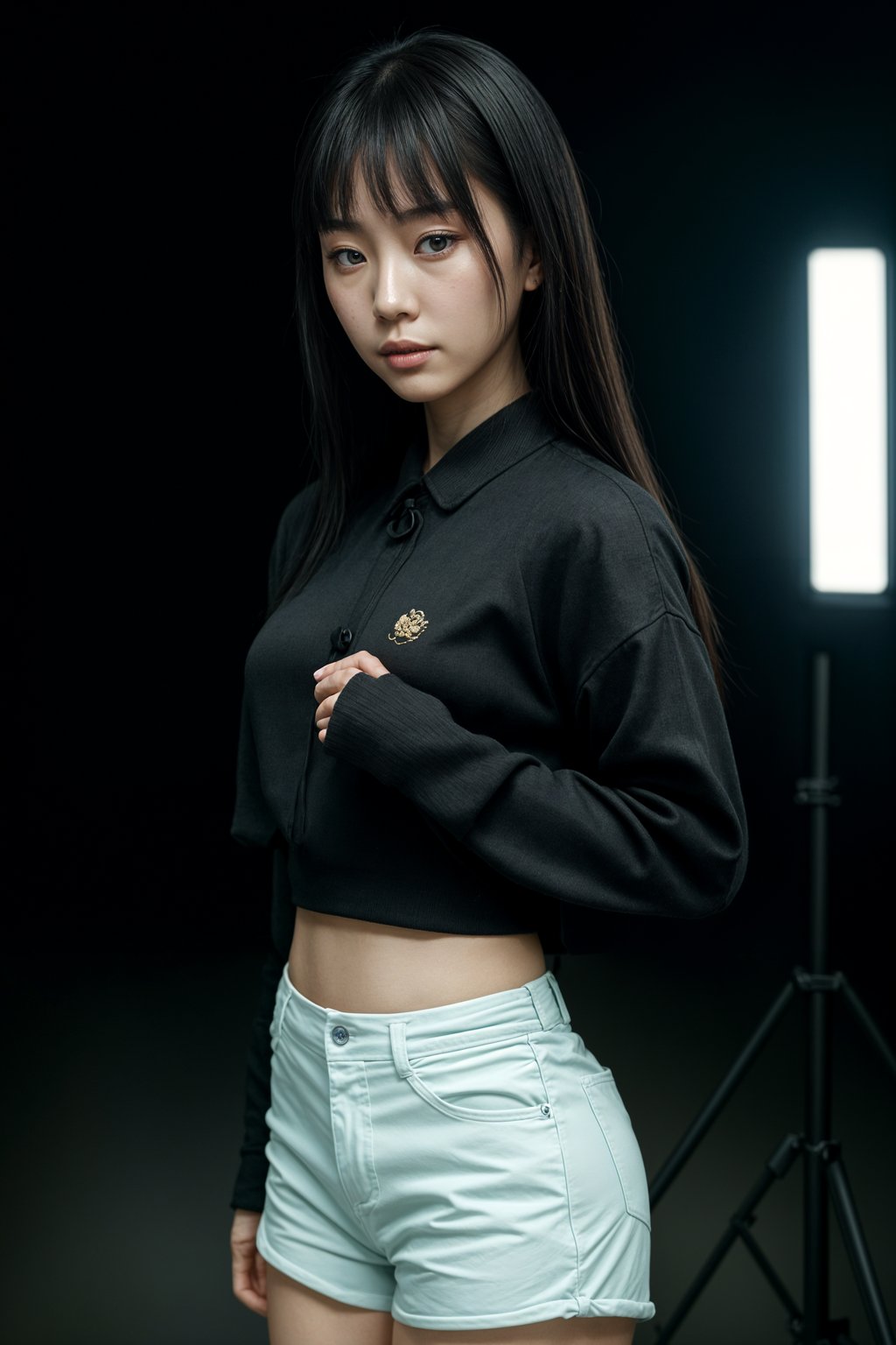 Korean woman (with black hair) (as korean kpop k-pop idol) posing for photo, wearing Korean clothes, Korean fashion, Korean fashion, Korean makeup, (in front of solid background)