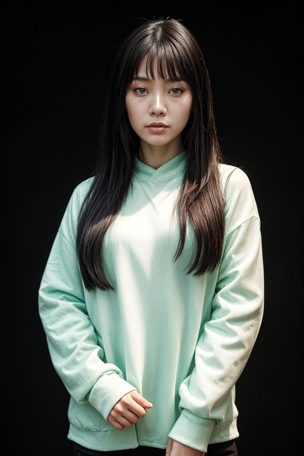 Korean woman (with black hair) (as korean kpop k-pop idol) posing for photo, wearing Korean clothes, Korean fashion, Korean fashion, Korean makeup, (in front of solid background)