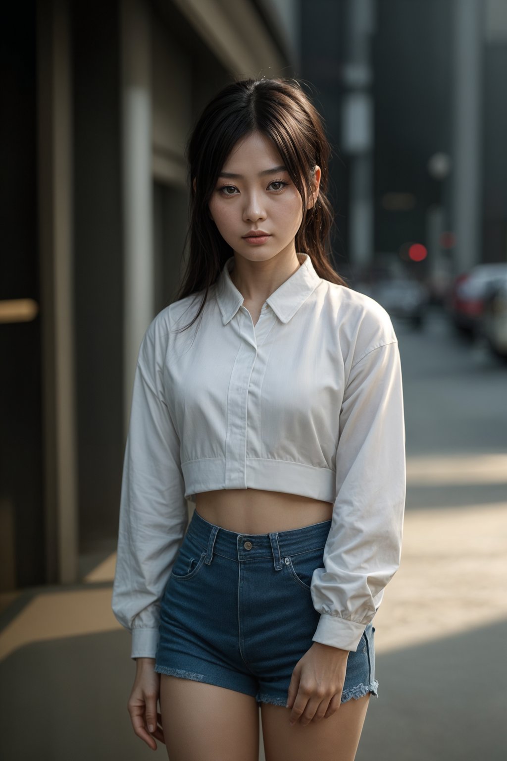 Korean woman (with black hair) (as korean kpop k-pop idol) posing for photo, wearing Korean clothes, Korean fashion, Korean fashion, Korean makeup, (in front of solid background)