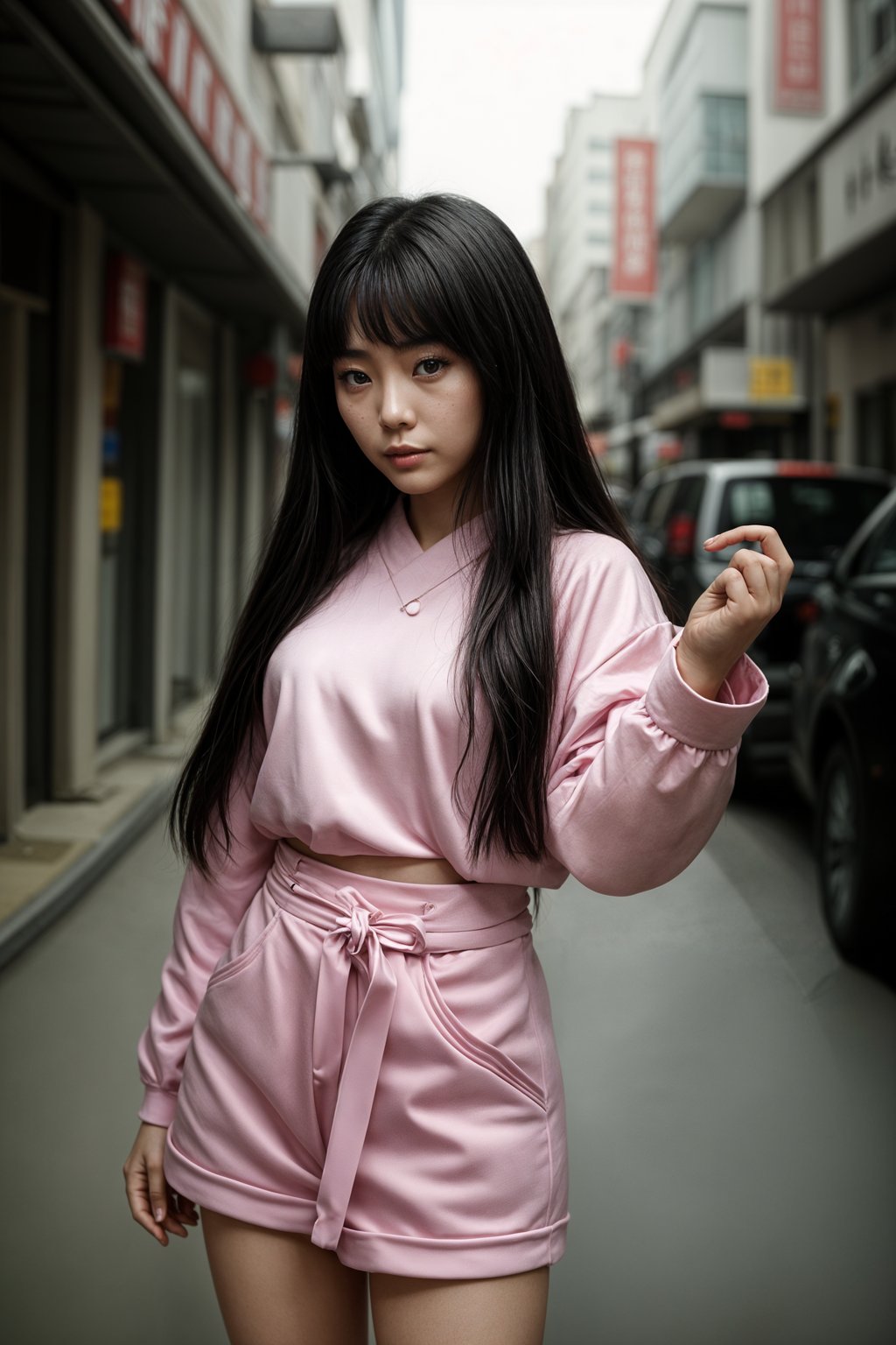 Korean woman (with black hair) (as korean kpop k-pop idol) posing for photo, wearing Korean clothes, Korean fashion, Korean fashion, Korean makeup, (in front of solid background)