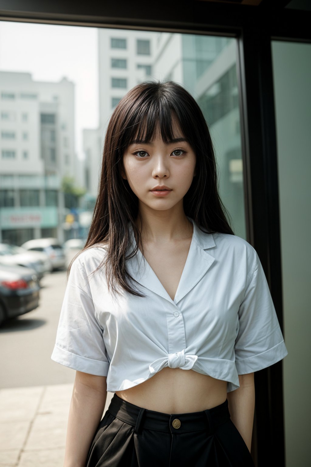 Korean woman (with black hair) (as korean kpop k-pop idol) posing for photo, wearing Korean clothes, Korean fashion, Korean fashion, Korean makeup, (in front of solid background)